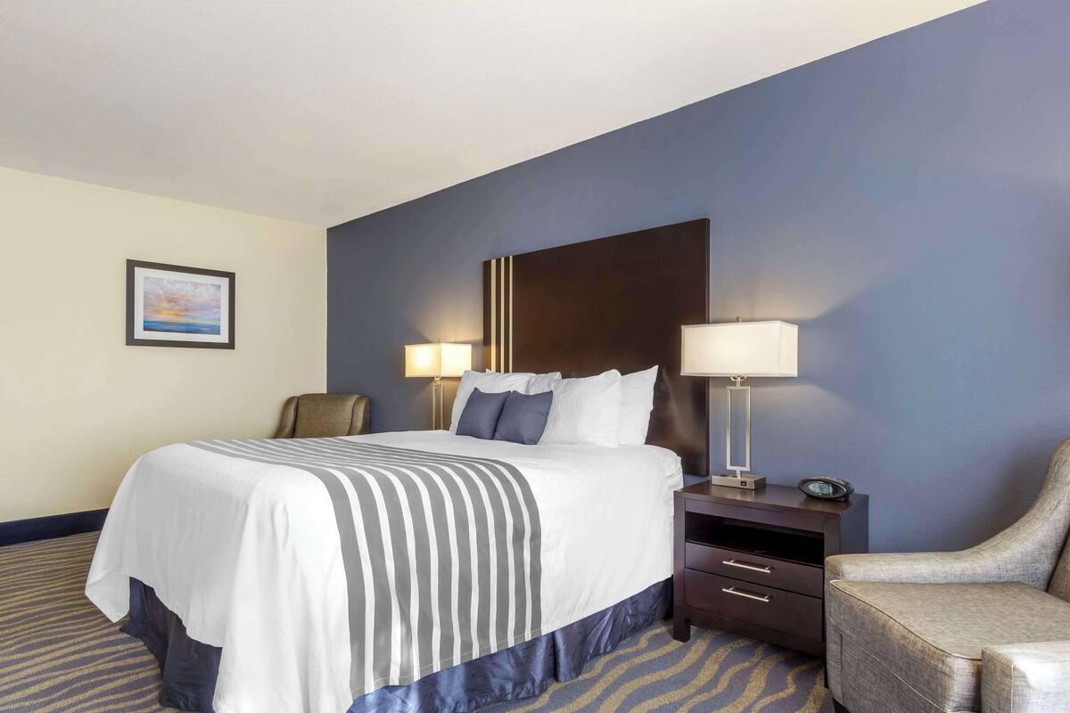 A hotel room with a bed, a chair, a nightstand, and a lamp.