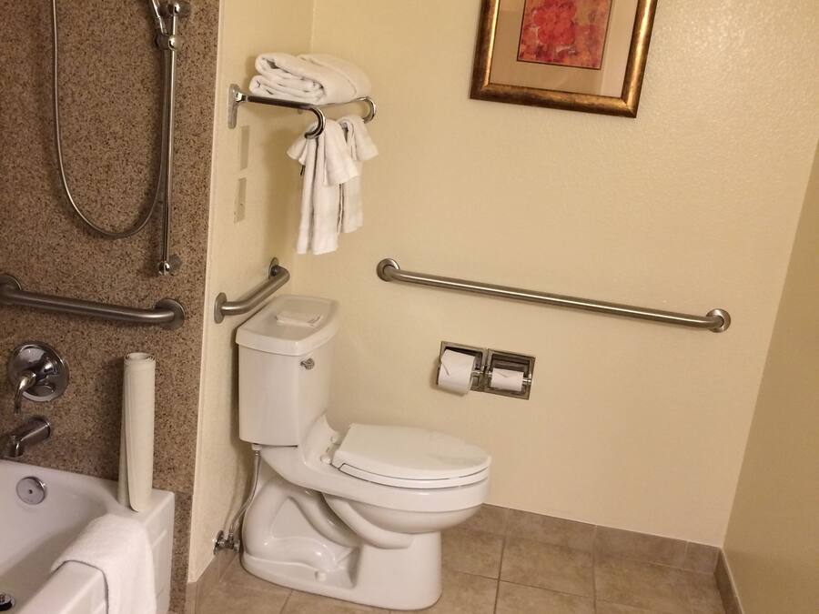 A bathroom with a toilet, grab bars, a shower, and a towel rack.