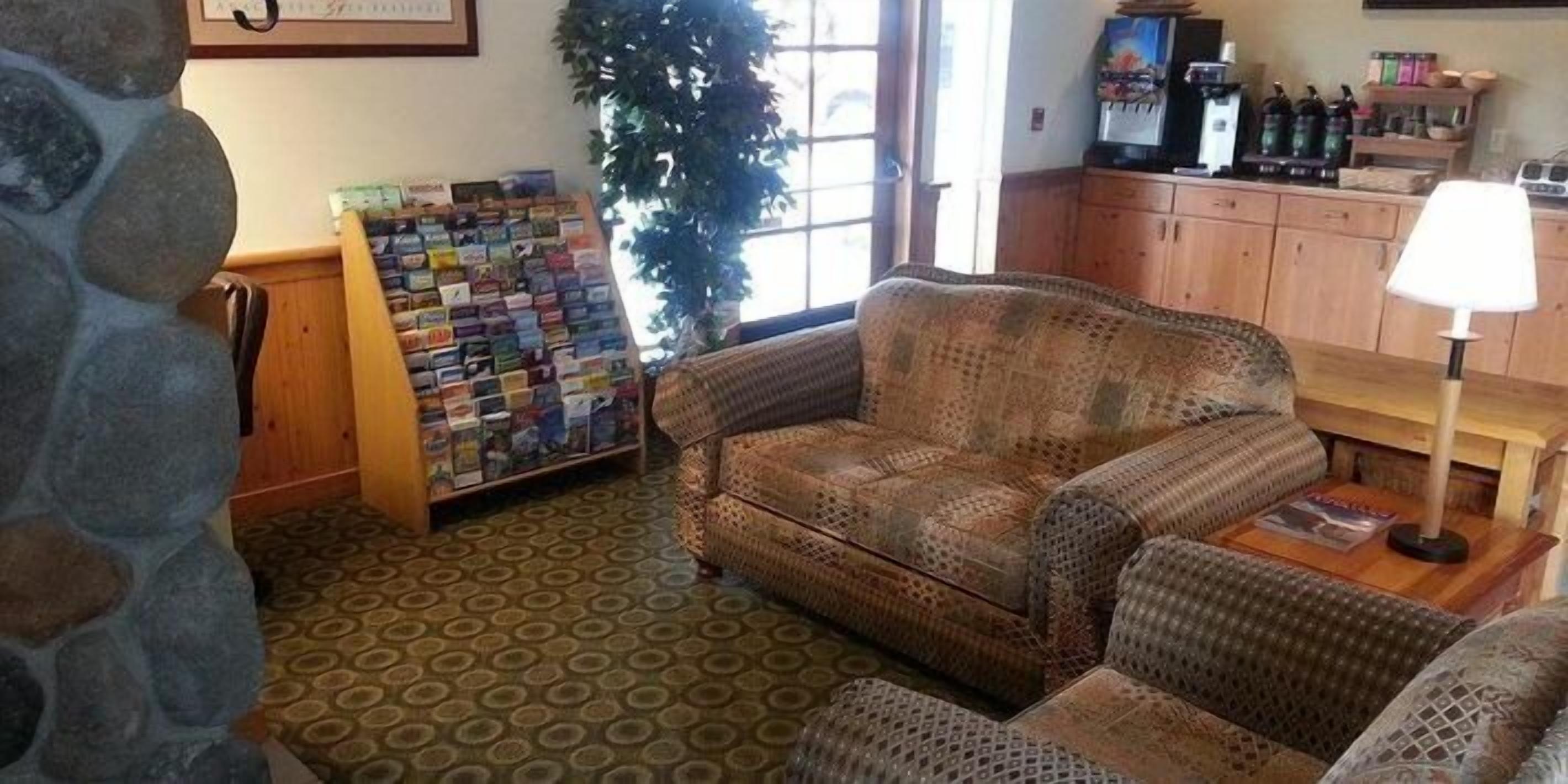 Un salon chaleureux avec un canapé à motifs, une petite table basse, une bibliothèque et une plante en pot.