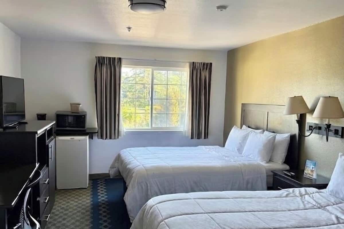 Quarto de hotel com duas camas, uma escrivaninha, uma televisão e uma janela com cortinas.