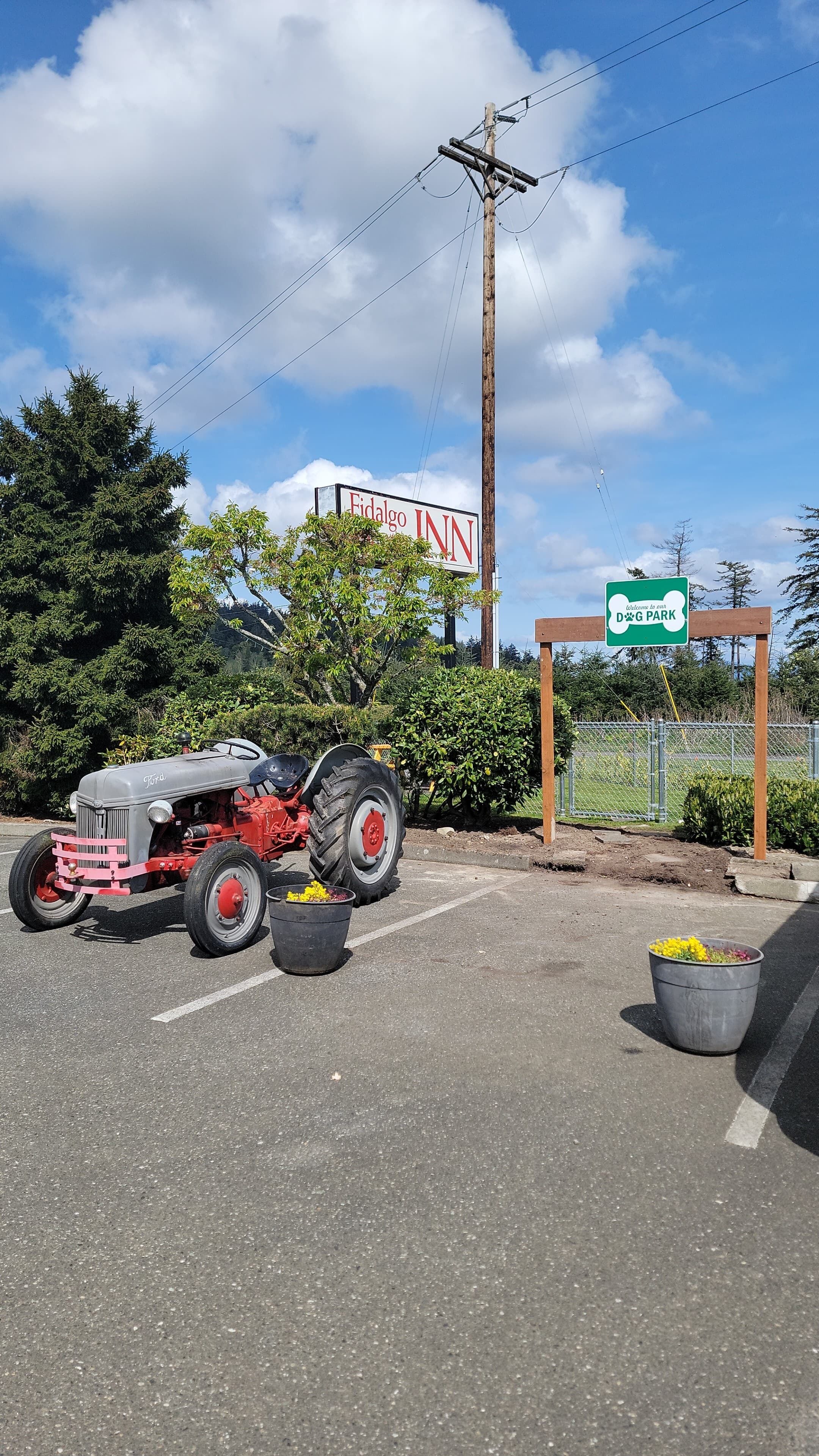 A red Ford tractor parked on the roadside with a bucket of flowers beside it.