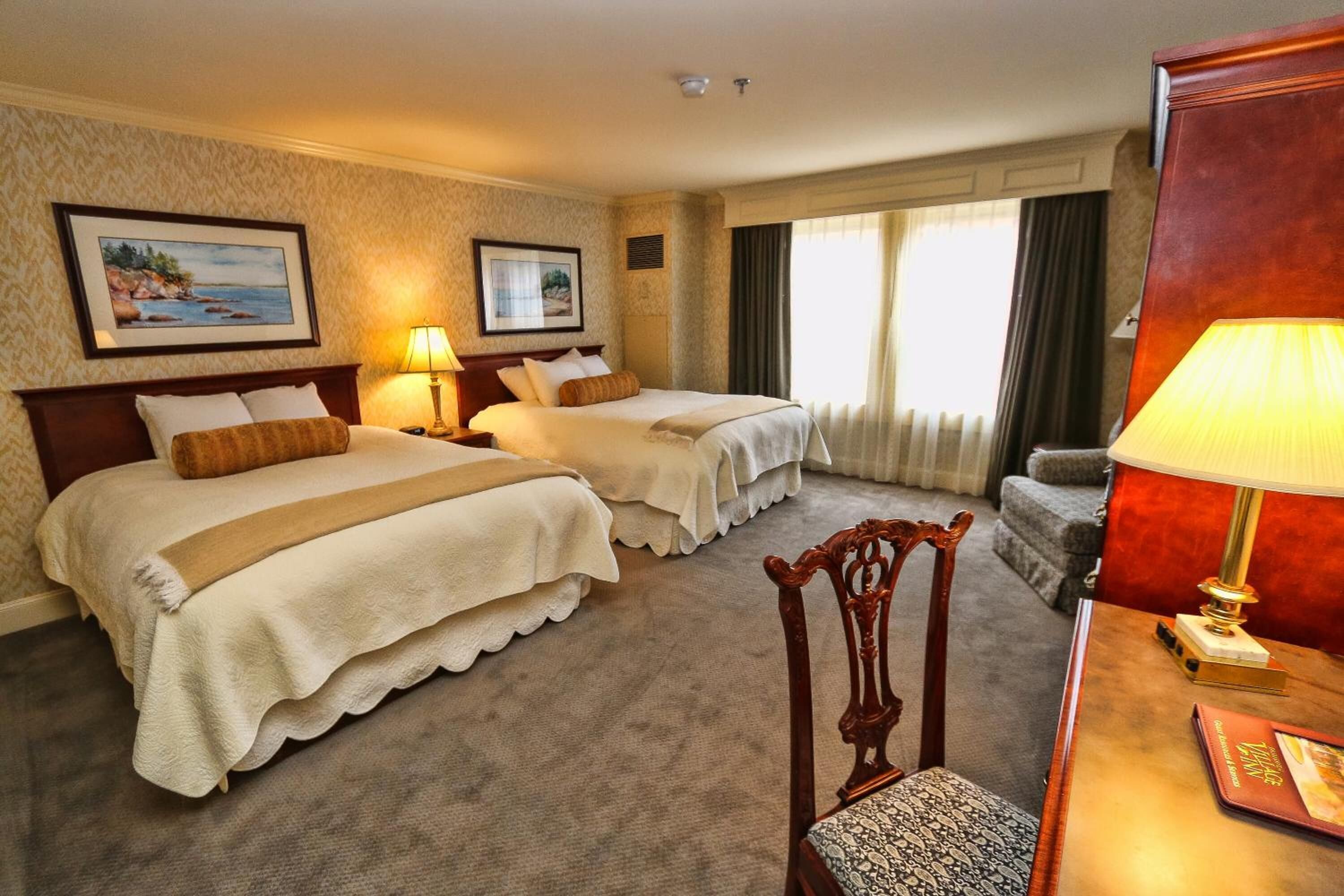 premium bedding, desk, laptop workspace, blackout curtains