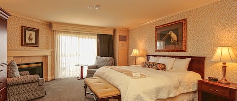 Premium bedding, desk, laptop workspace, blackout drapes