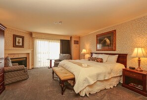 Premium bedding, desk, laptop workspace, blackout drapes