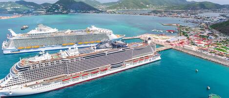 A large cruise ship docked at a port with a mountainous backdrop.