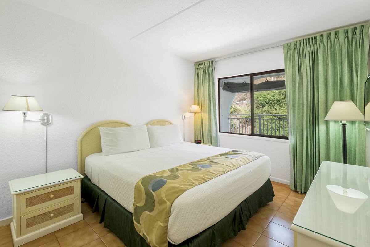 Une chambre d’hôtel avec un lit, une table de chevet, un bureau, une fenêtre avec des rideaux et une vue sur la verdure.