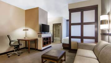 Down comforters, desk, laptop workspace, blackout drapes