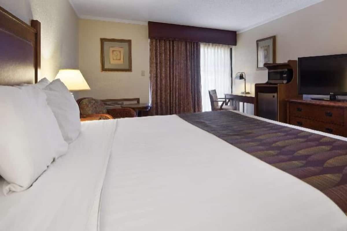 A hotel room with a large bed, a desk with a chair, a television, and a lamp.