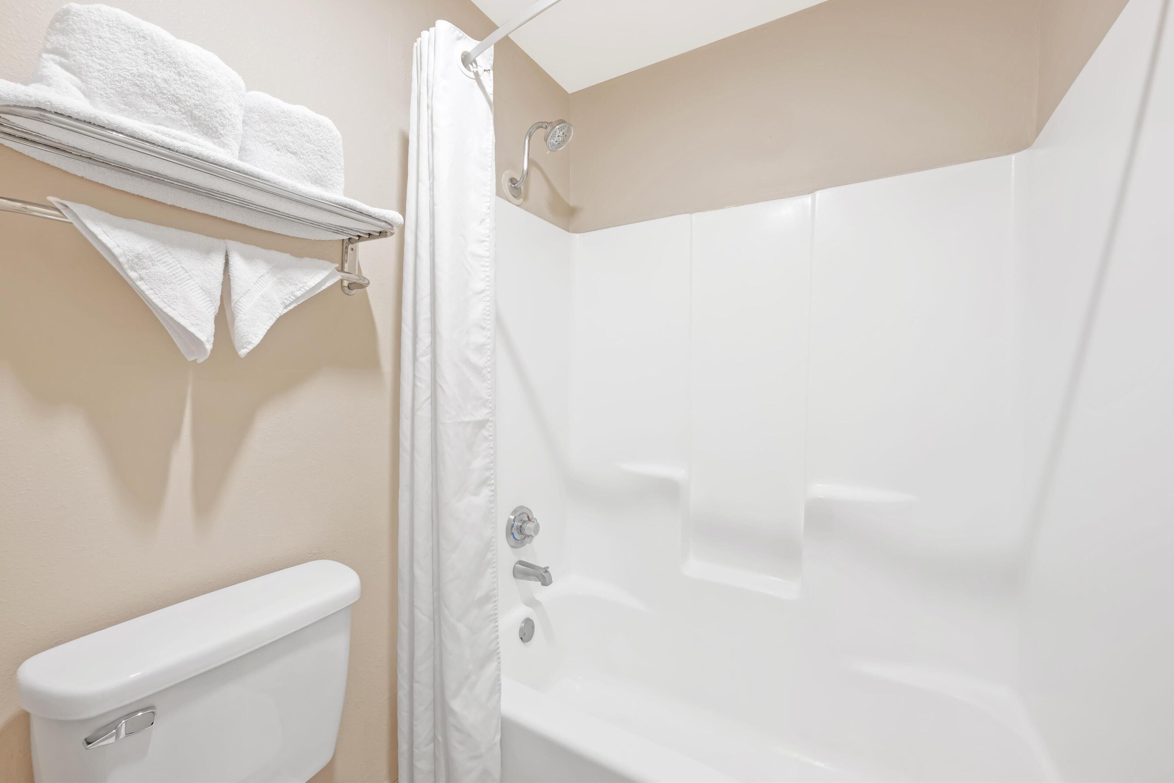 combined shower/bathtub, free toiletries, hair dryer, towels