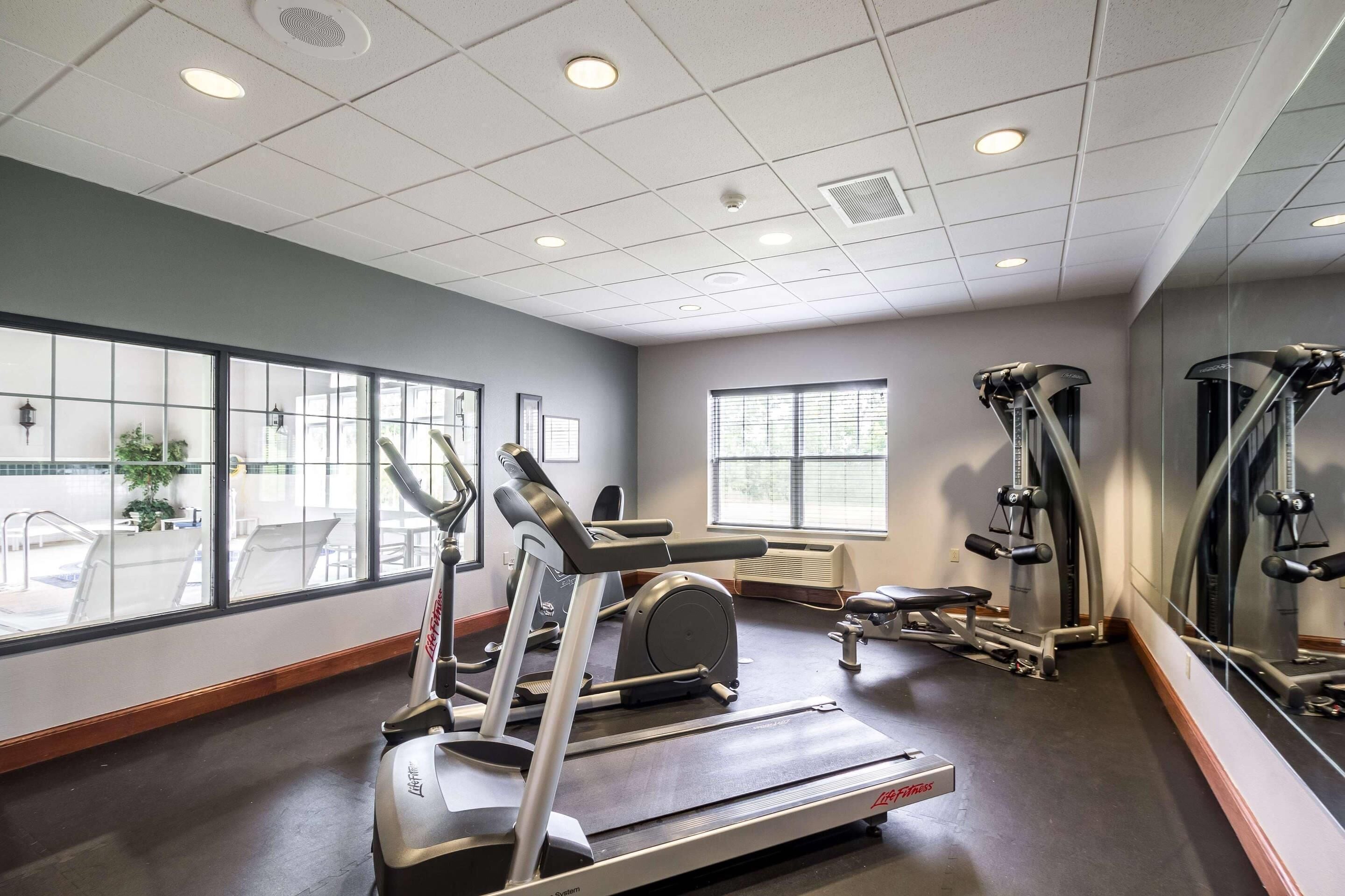 A gym with treadmills, a bench, and weight machines.