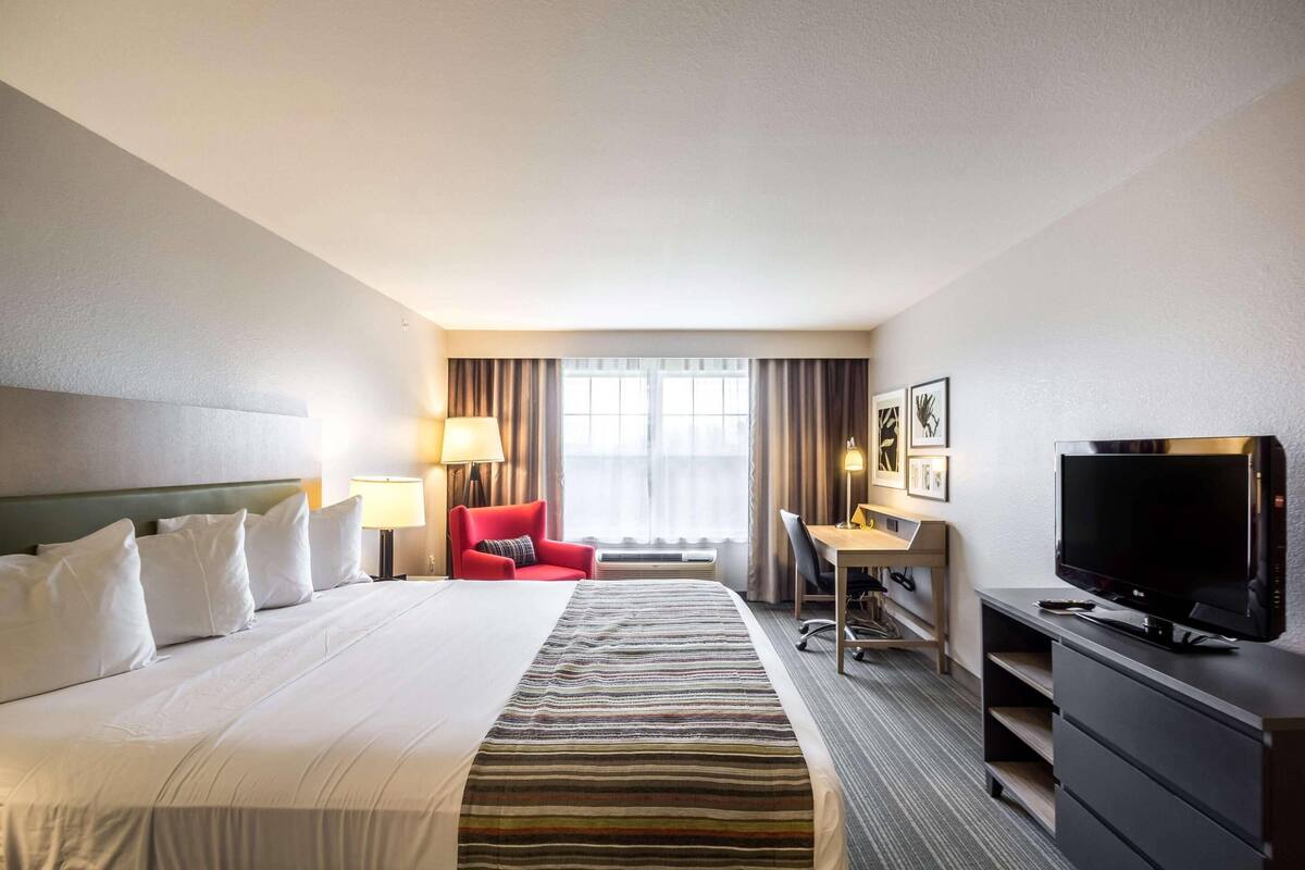 A hotel room with a bed, a desk, a television, and a red chair.