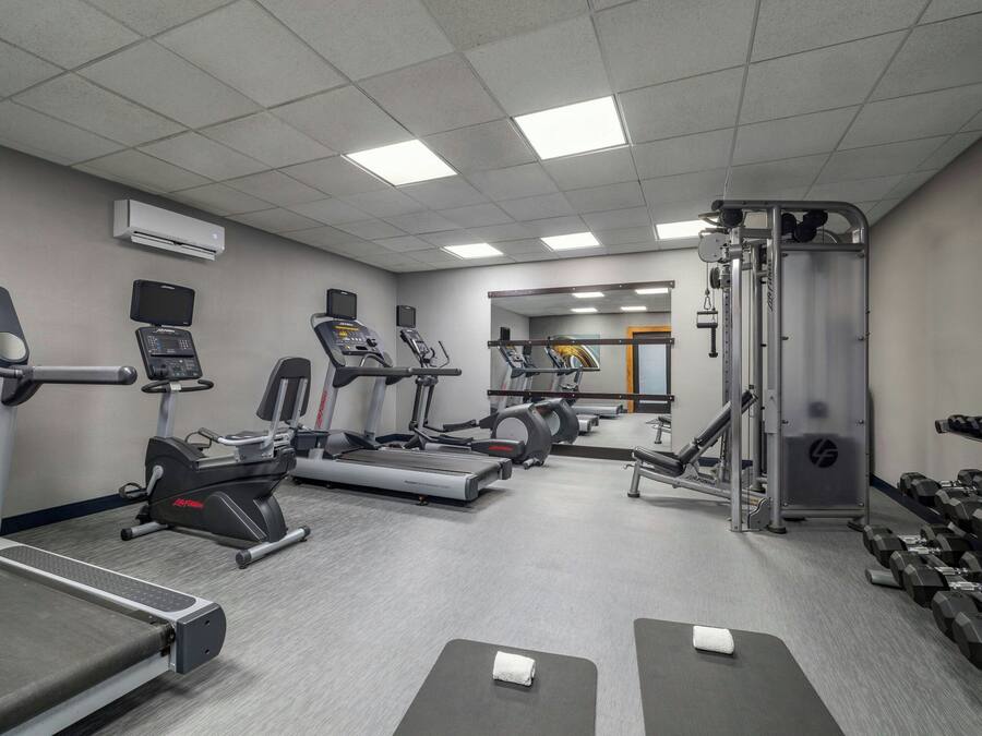 Un gimnasio con cintas de correr, elípticas, una banca de pesas y una jaula para sentadillas.
