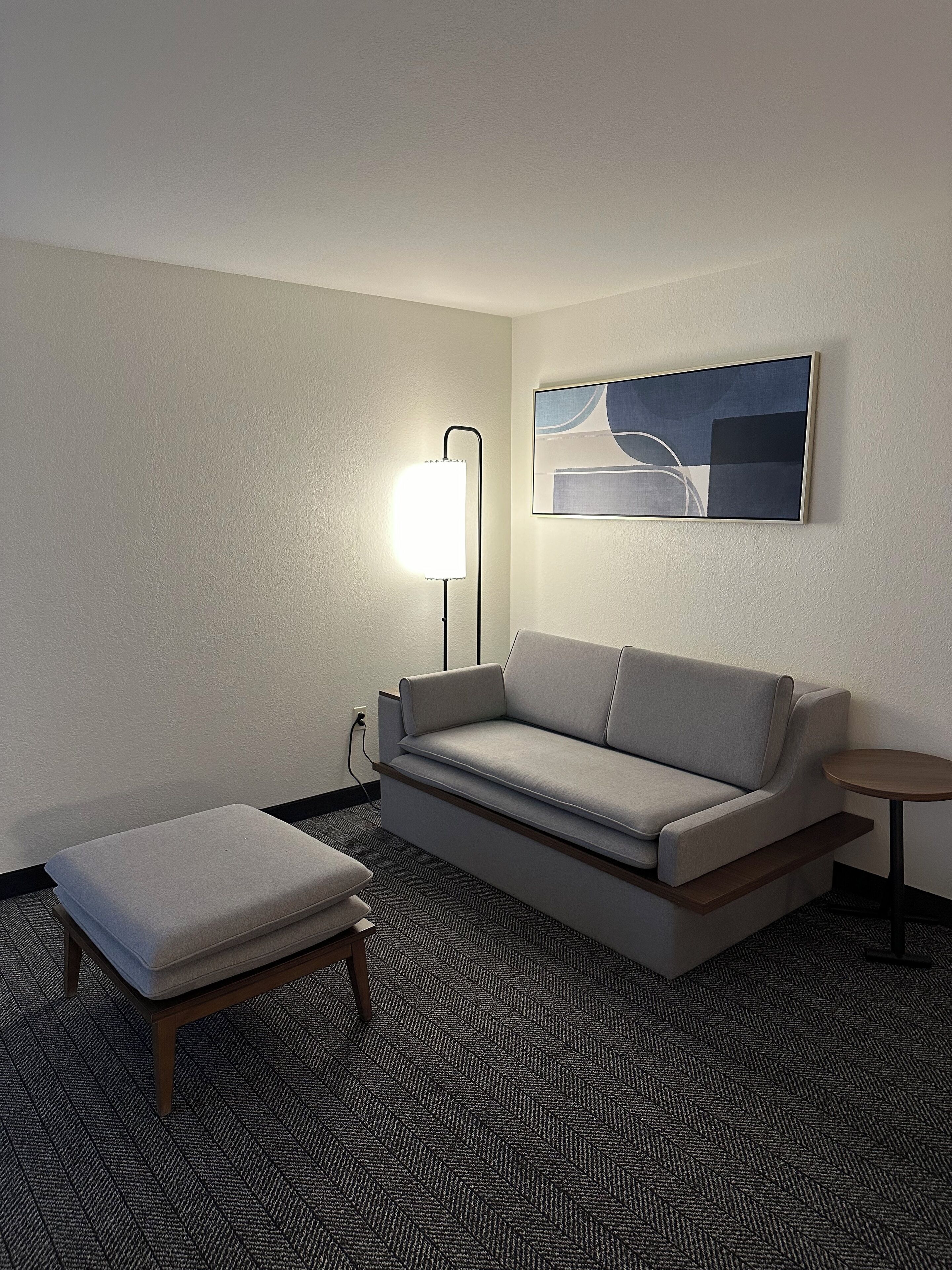 hypo-allergenic bedding, desk, blackout curtains, iron/ironing board