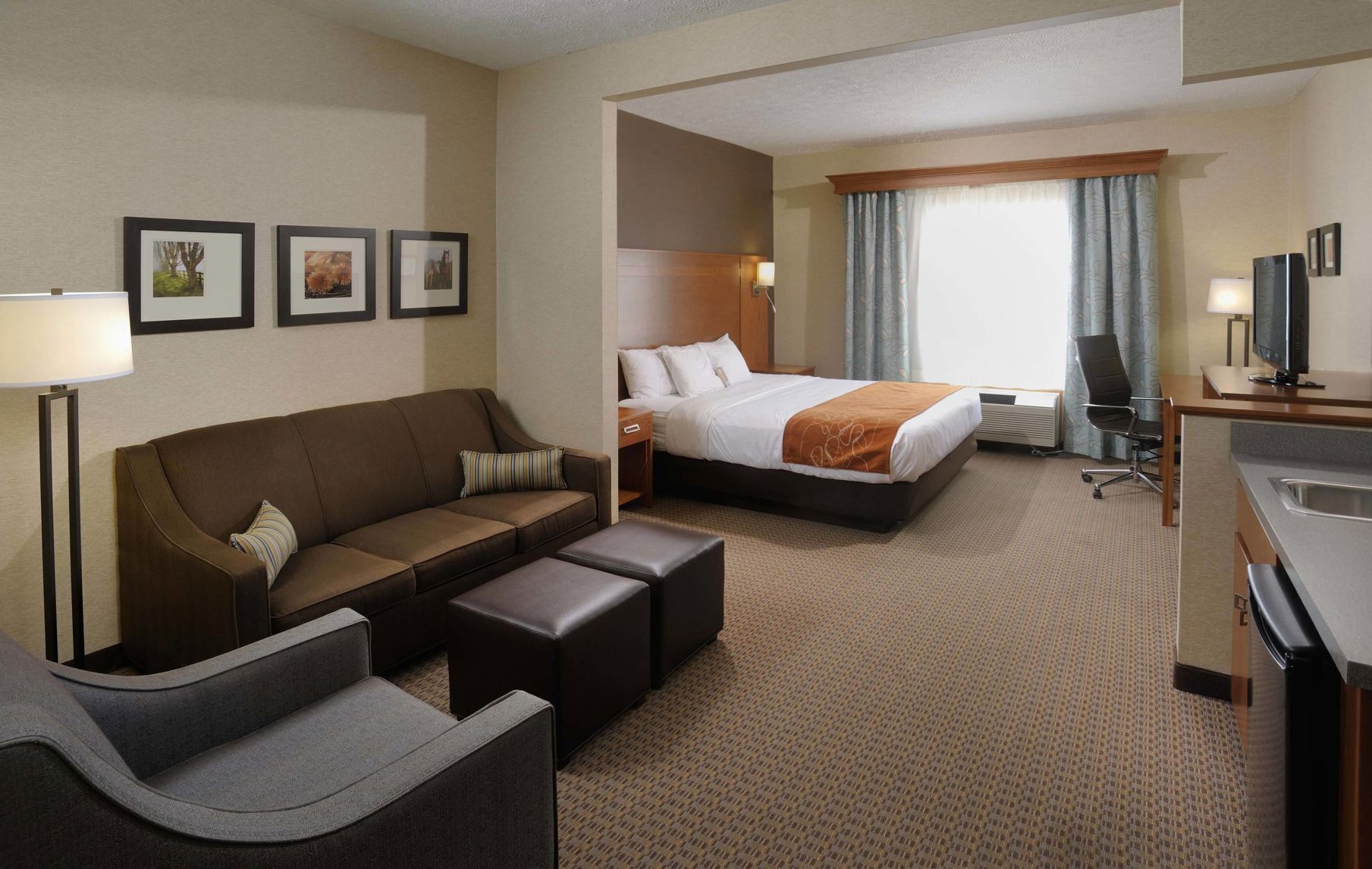 Premium bedding, laptop workspace, blackout curtains, soundproofing