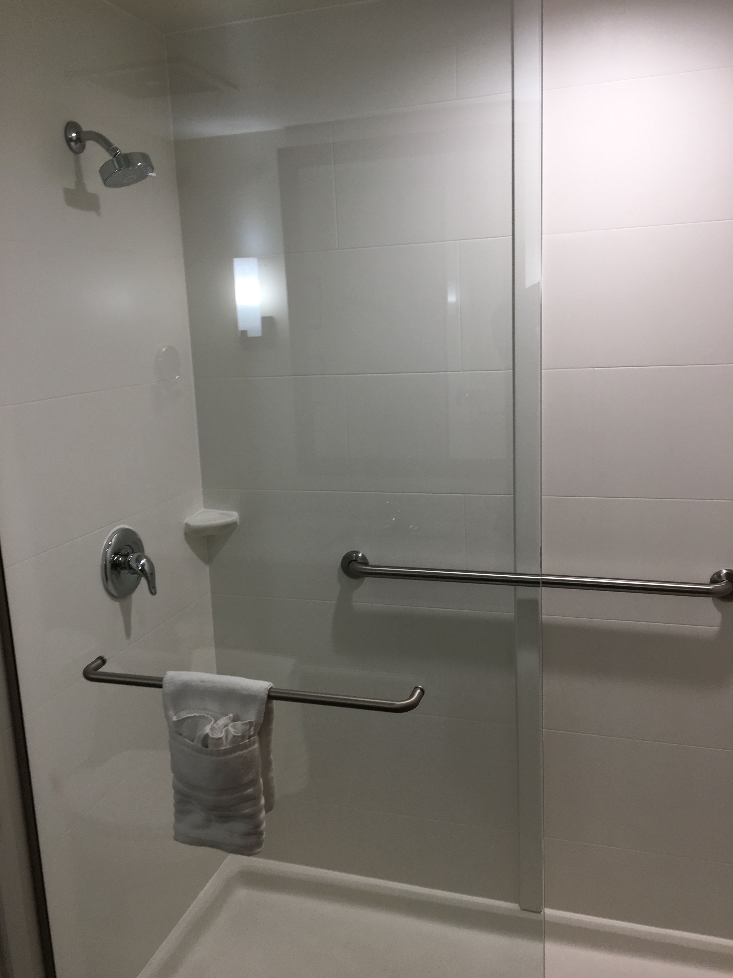 A bathroom with a glass shower enclosure, a white bathtub, and a towel rack with a towel.