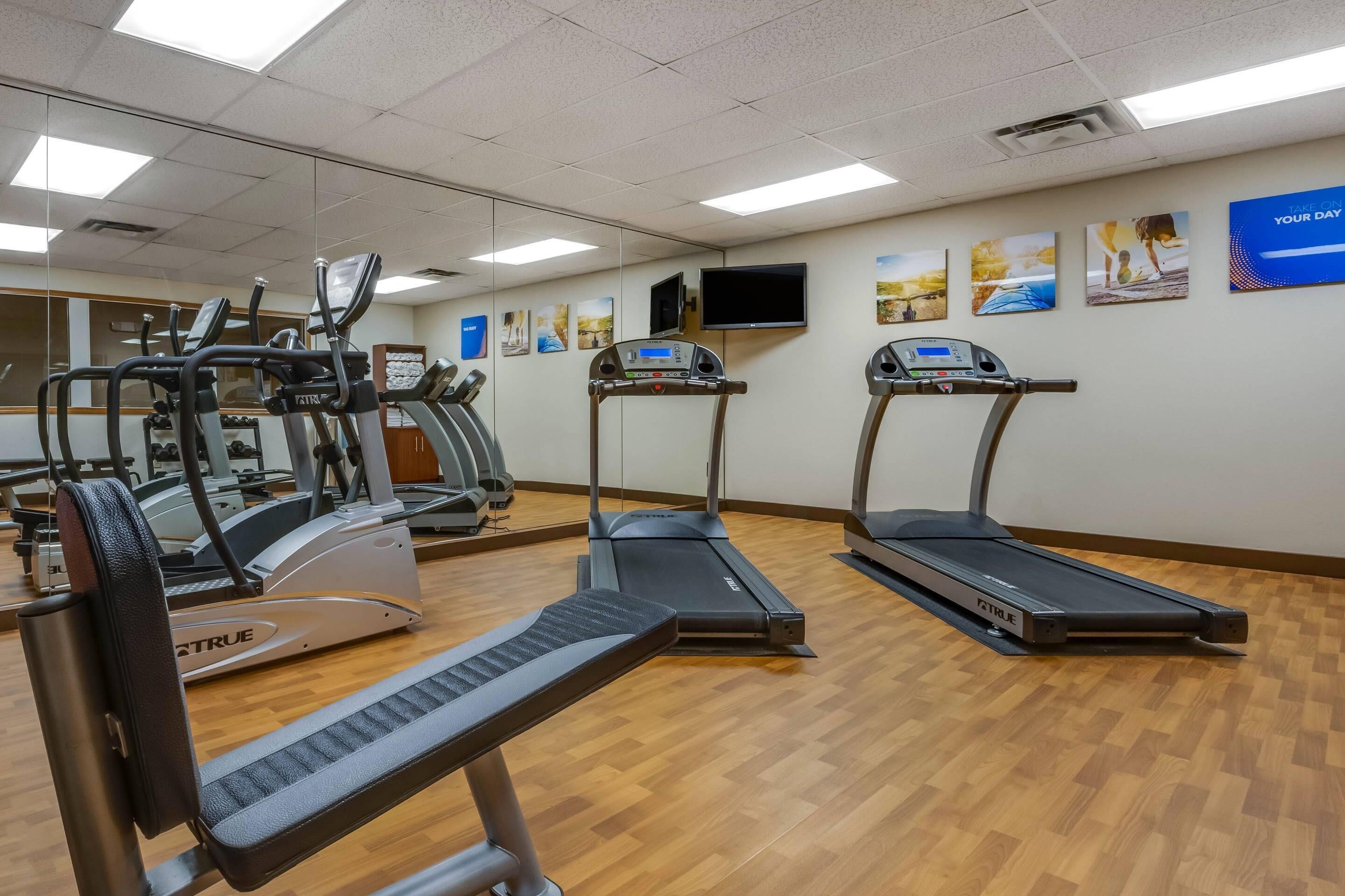 Une salle de sport équipée de tapis de course, de vélos elliptiques et d’un banc de musculation.