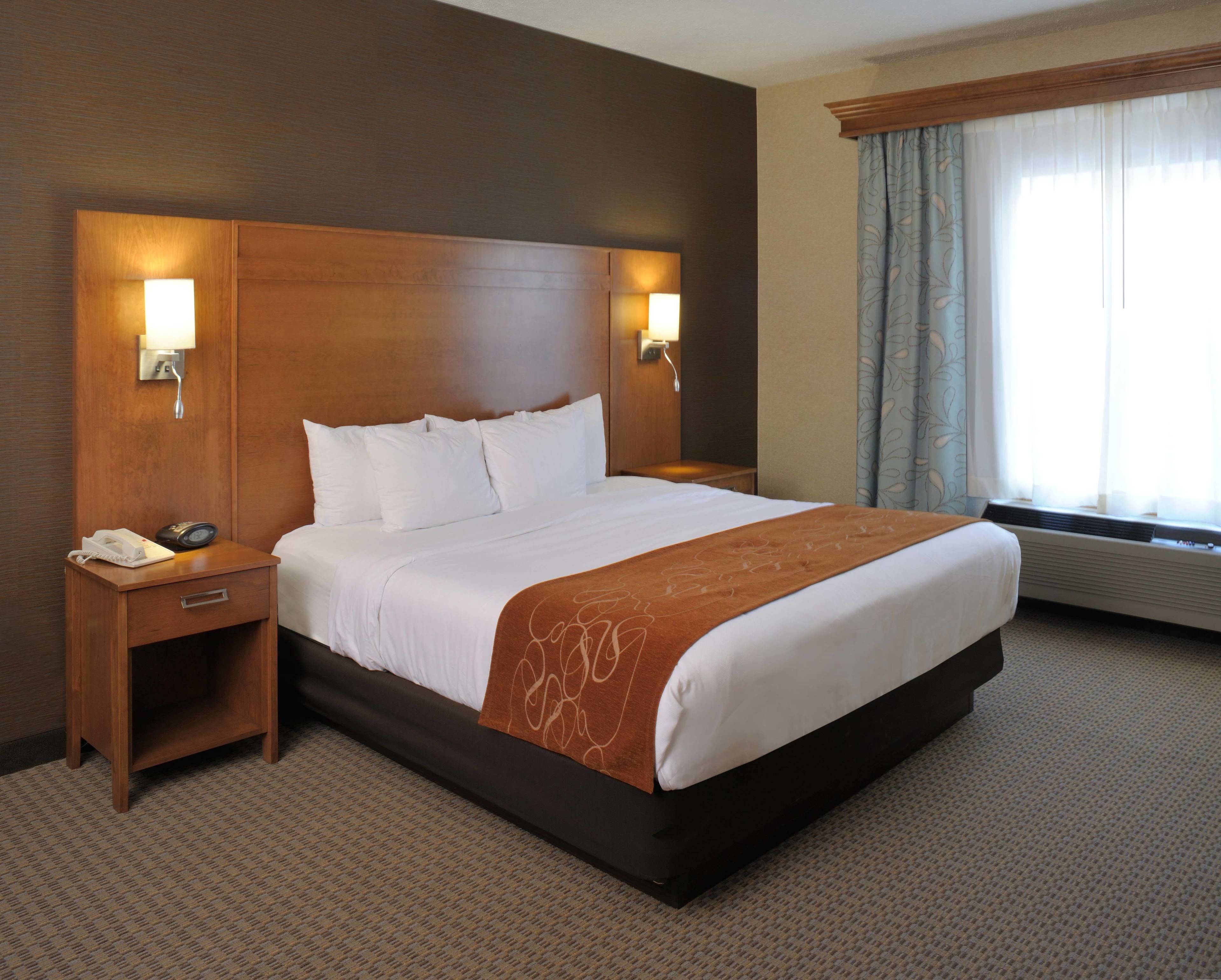 A hotel room with a large bed, two bedside tables with lamps, a telephone, and a window with curtains.