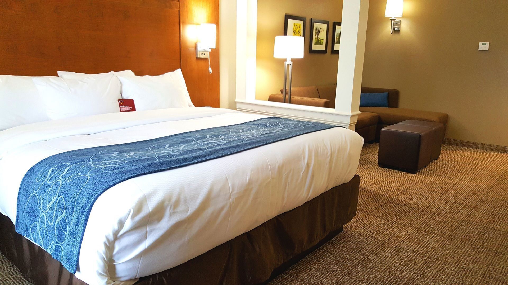 Premium bedding, laptop workspace, blackout curtains, soundproofing
