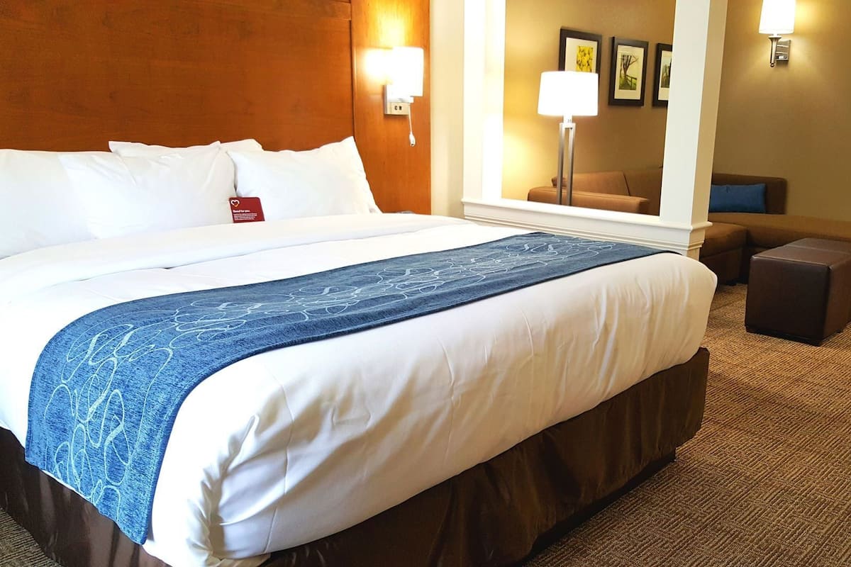 A hotel room with a large bed, a nightstand, a desk, and a chair.