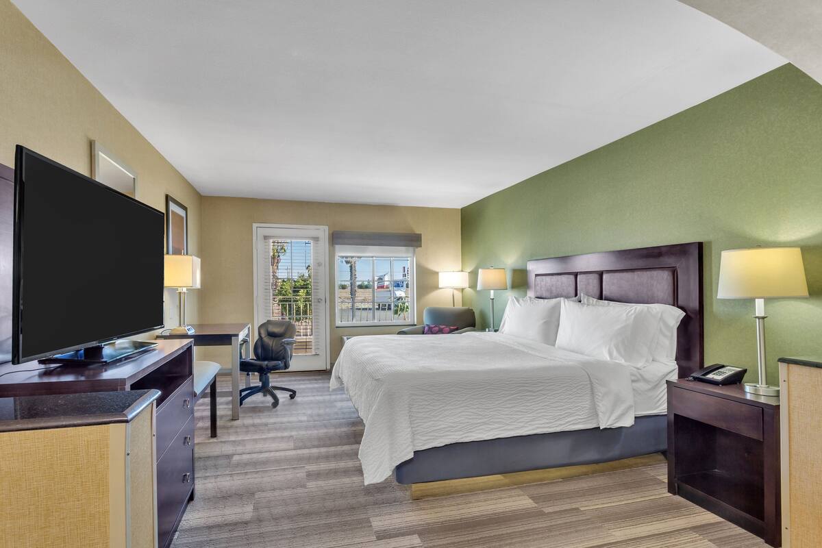 A hotel room with a bed, desk, TV, and a view of the outdoors.