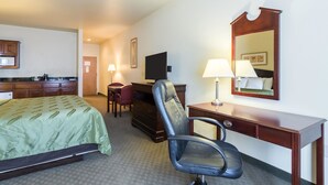 Habitación de hotel con cama, escritorio, silla, televisor y espejo.
