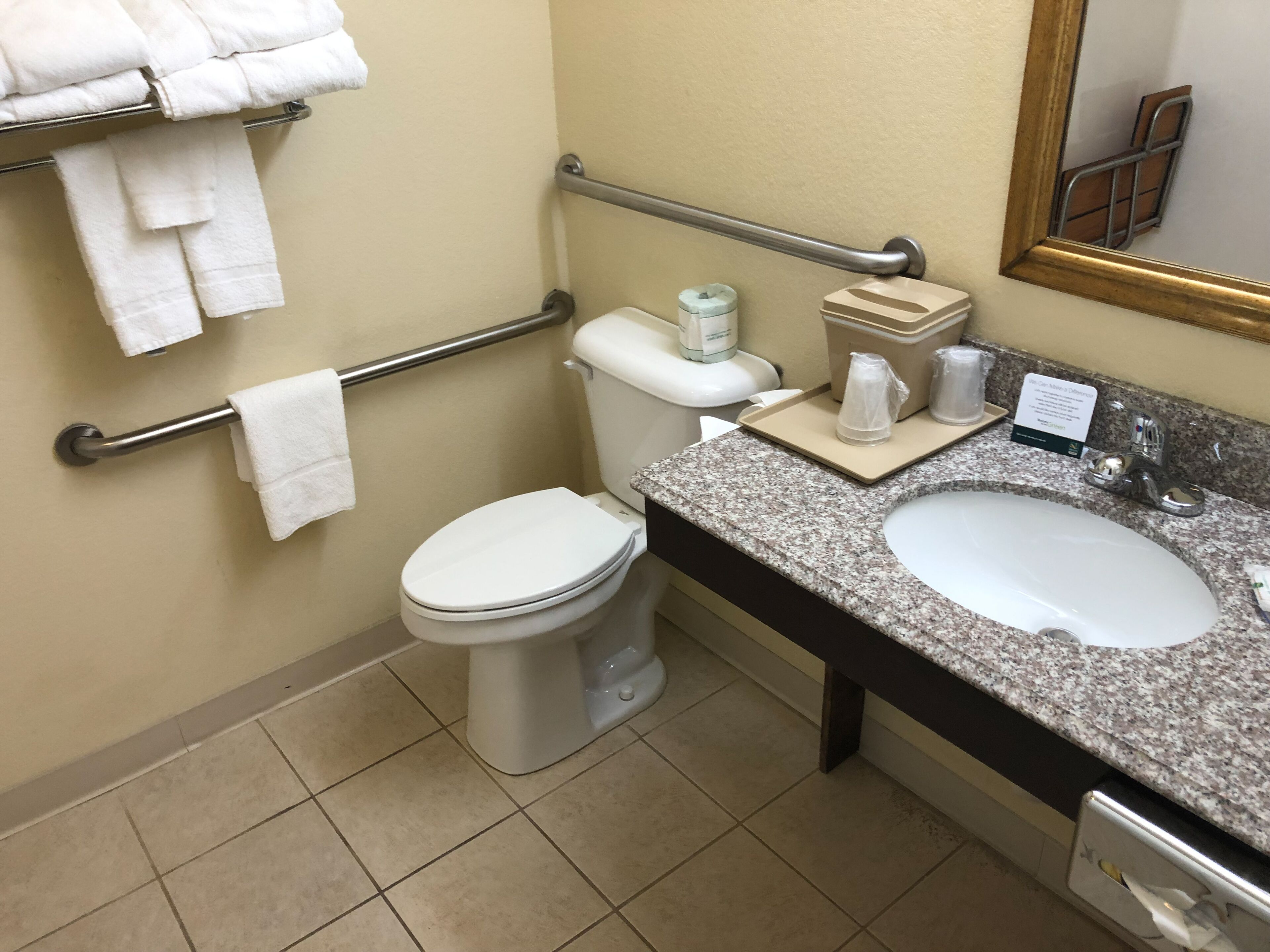 Une salle de bain équipée de toilettes, d’un lavabo et de barres d’appui.