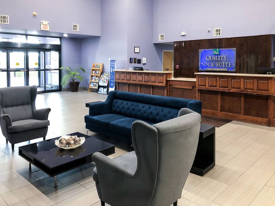 Un hall con mostrador de recepción, un sofá azul, sillones, una mesa de centro y una planta en maceta.