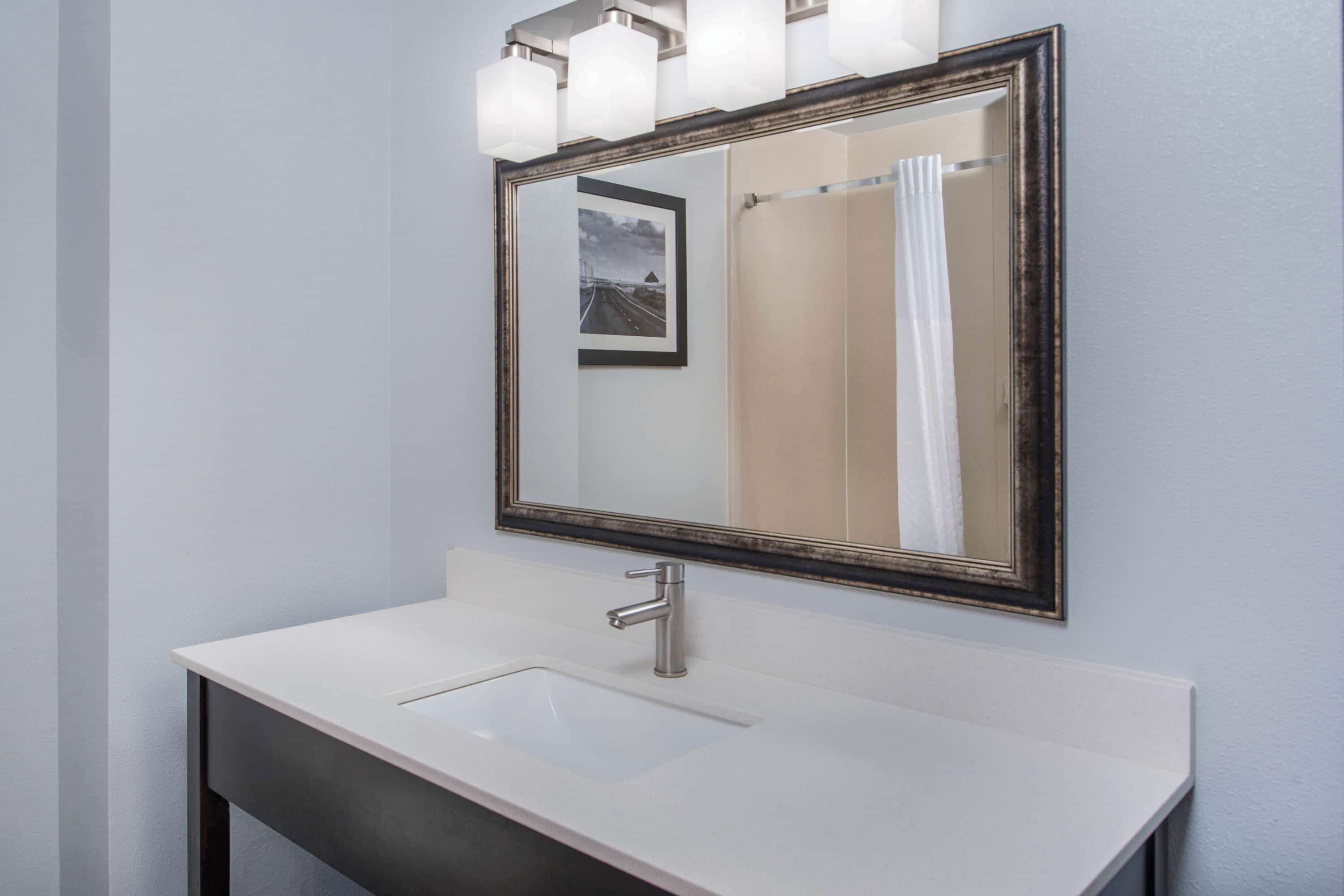 A bathroom with a white sink, a mirror with a dark frame, and a picture on the wall.