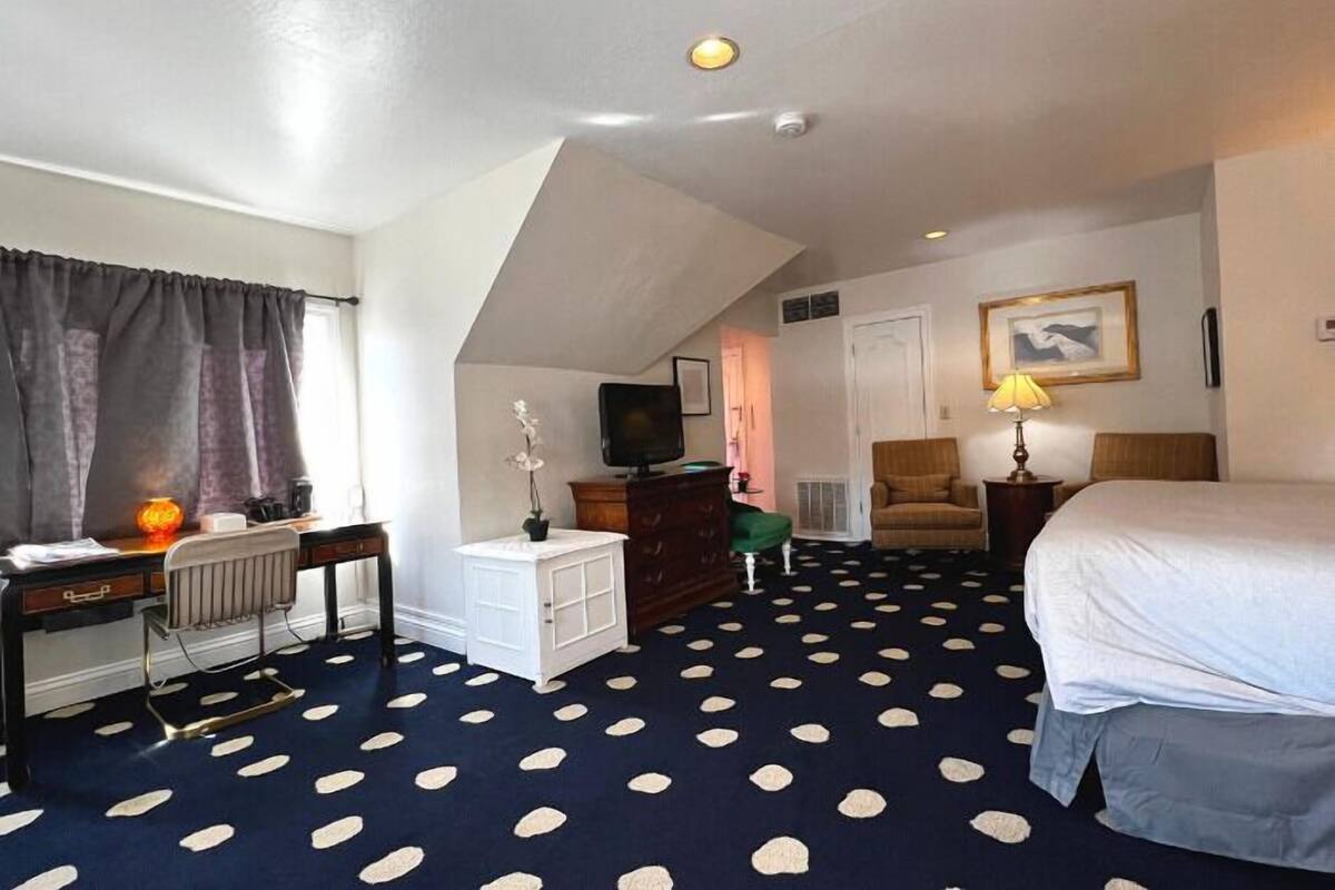 A hotel room with a bed, a desk, a chair, a television, and a patterned carpet.
