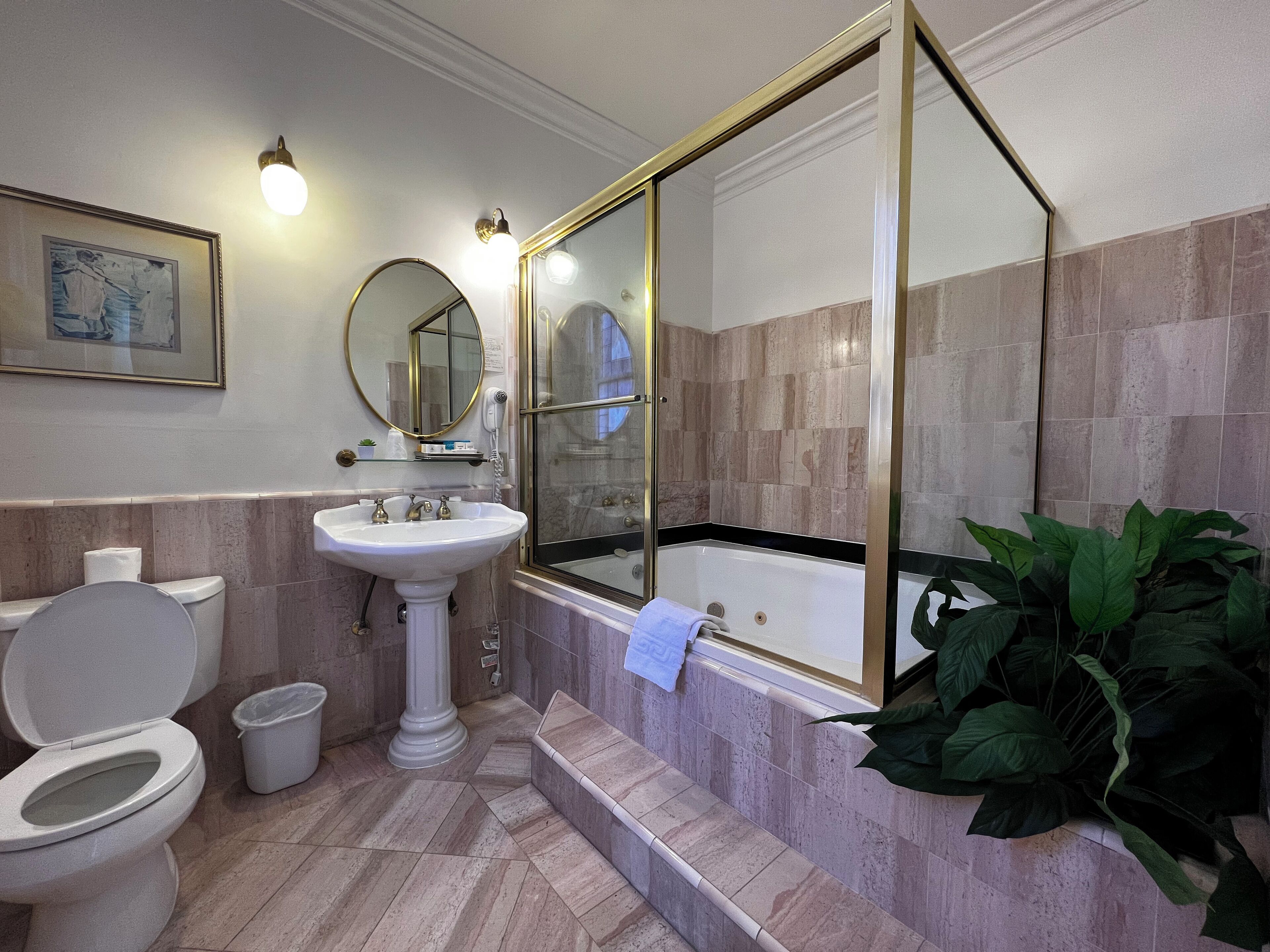 deluxe queen | bathroom | combined shower/bathtub, jetted bath, free toiletries, hair dryer