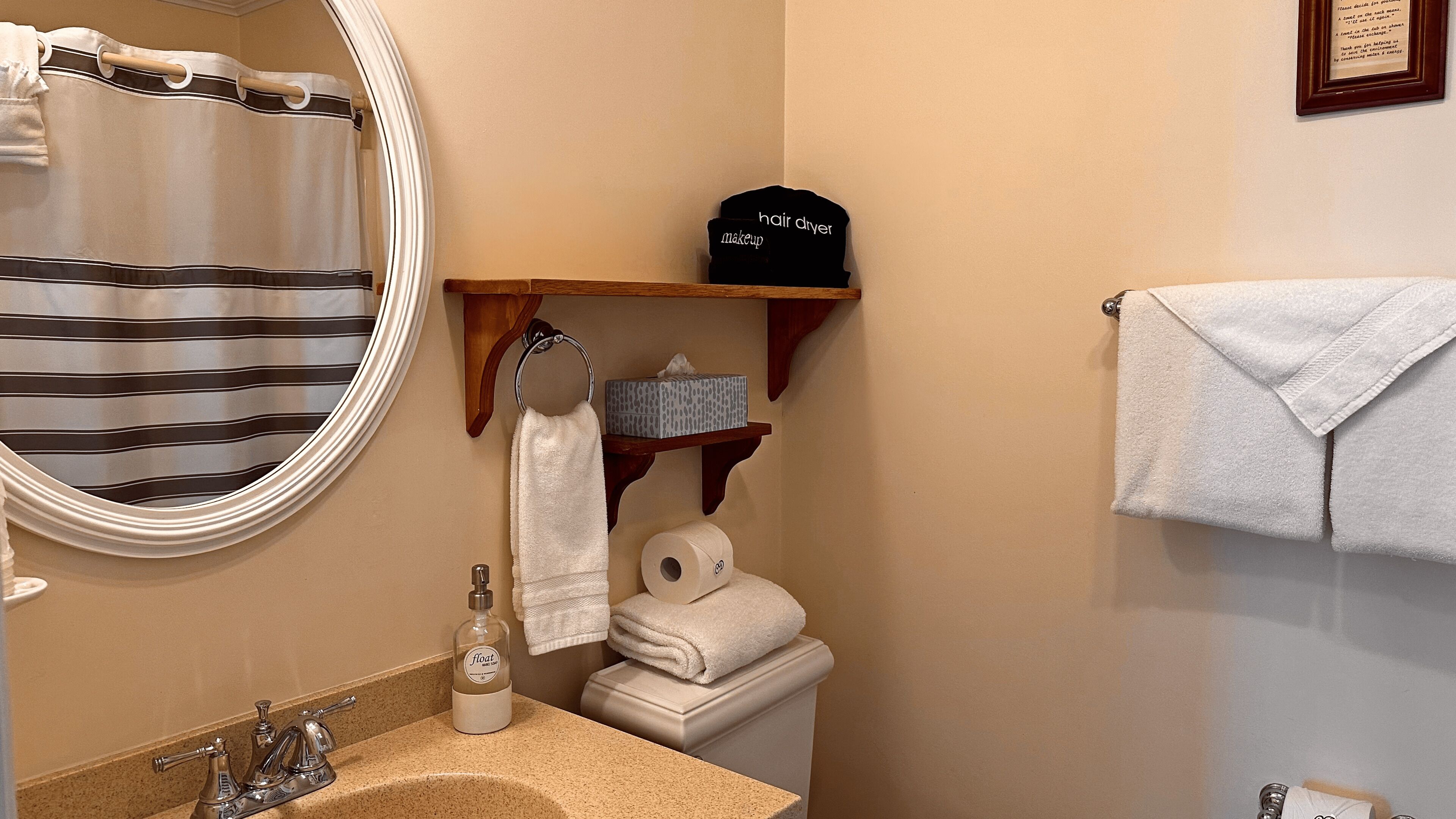 Une salle de bain avec un rideau de douche à rayures, une serviette blanche, un sèche-cheveux, un flacon de savon liquide et un rouleau de papier toilette.