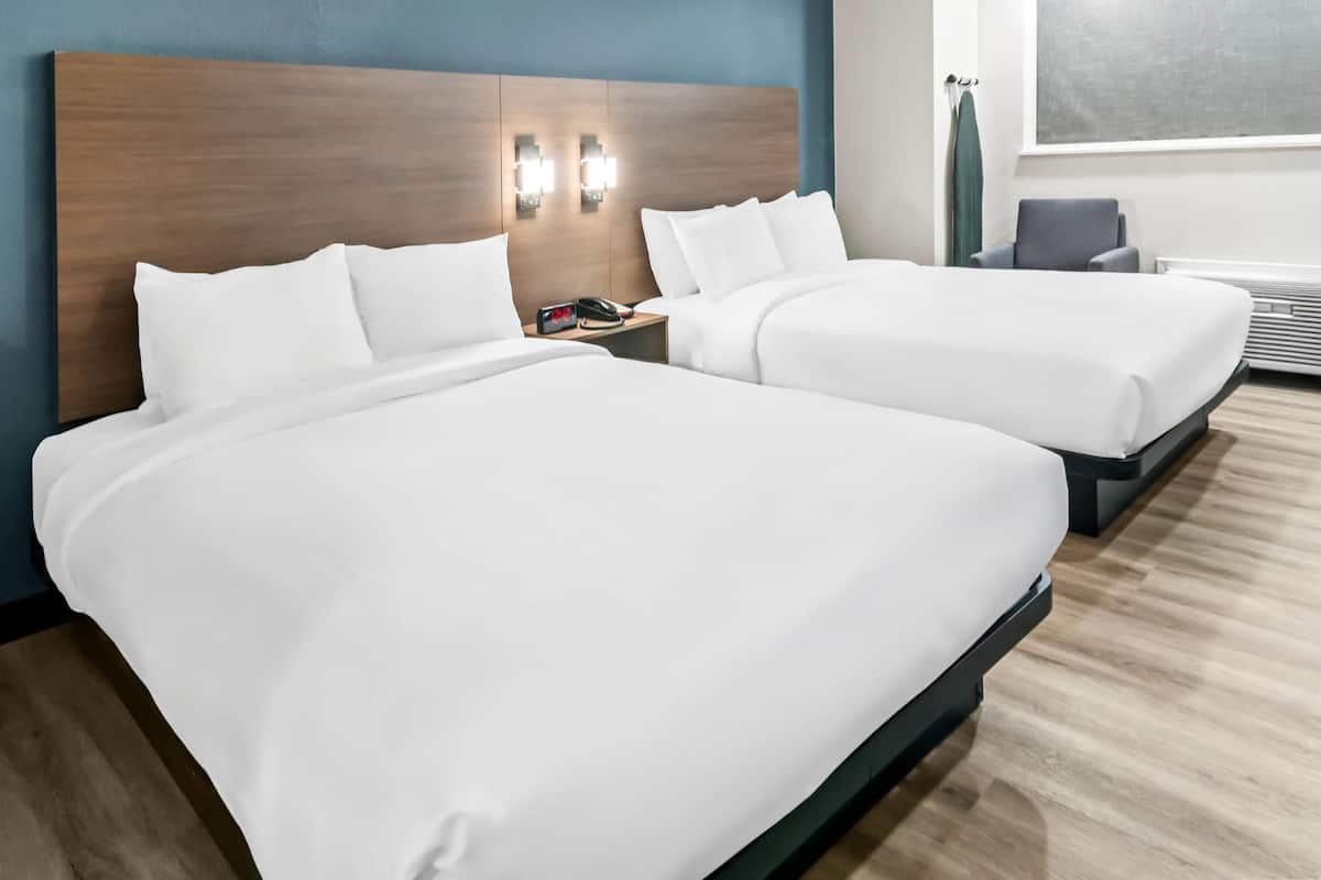 Room, 2 Queen Beds, Accessible, Non Smoking | In-room safe, desk, soundproofing, iron/ironing board