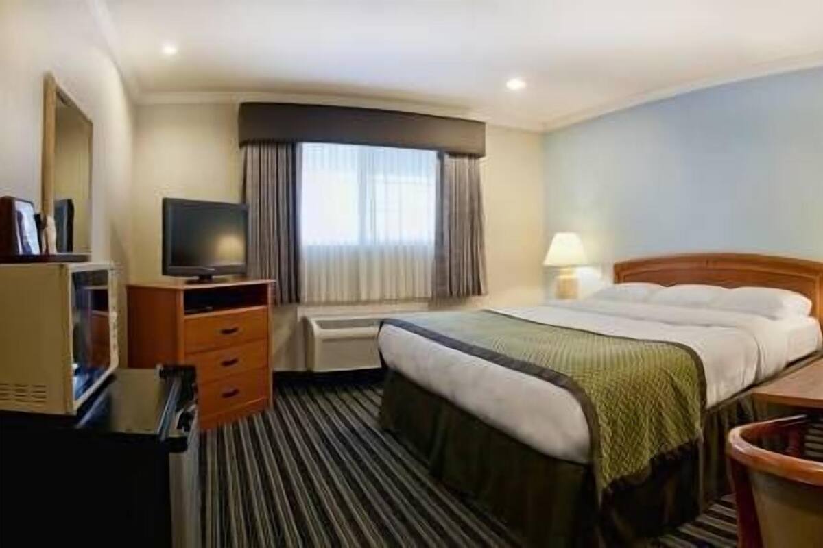 Una habitación de hotel con una cama, un escritorio, un televisor y una ventana con cortinas.