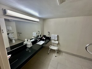Combined shower/bathtub, free toiletries, hair dryer, towels