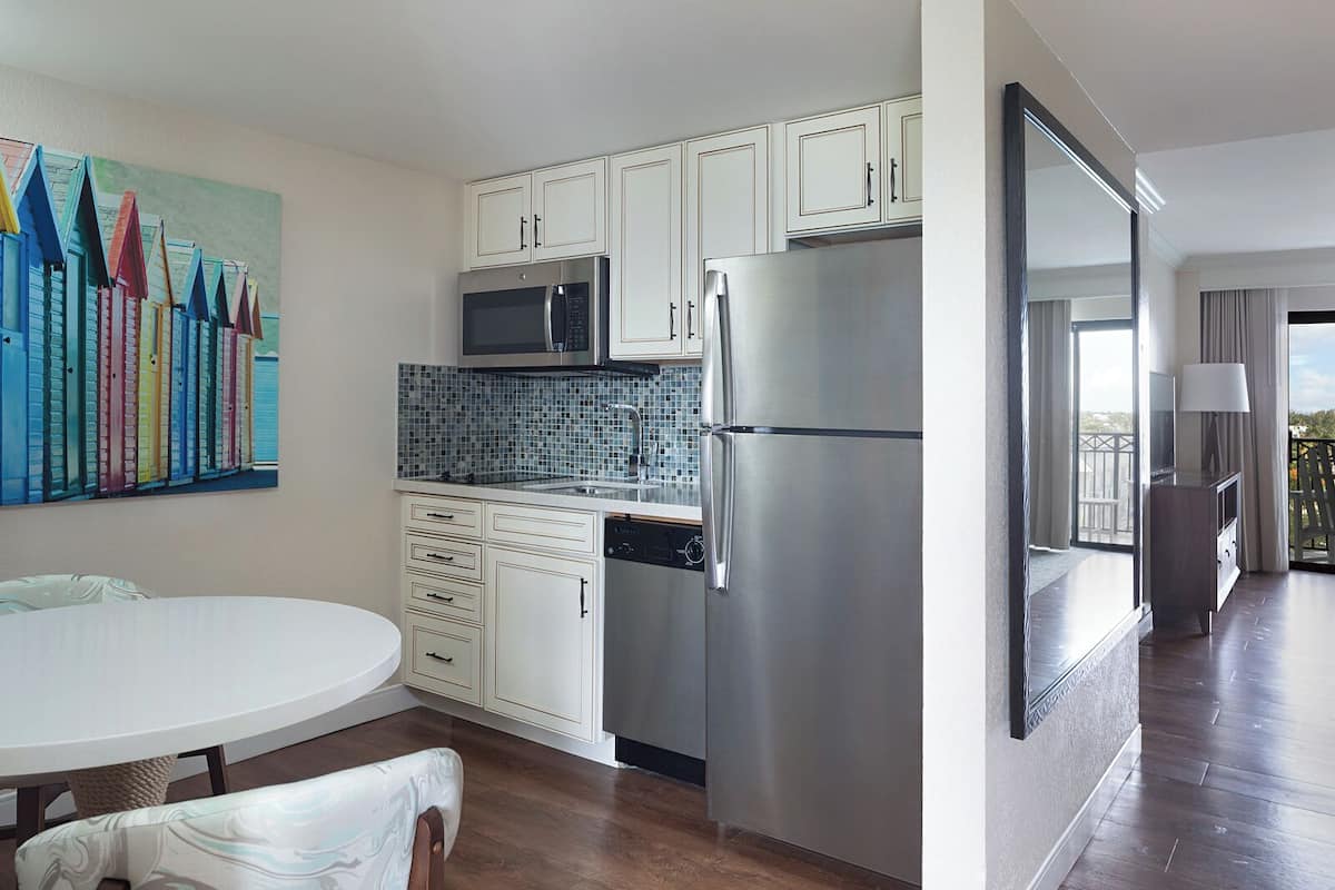 Fridge, microwave, dishwasher, coffee/tea maker