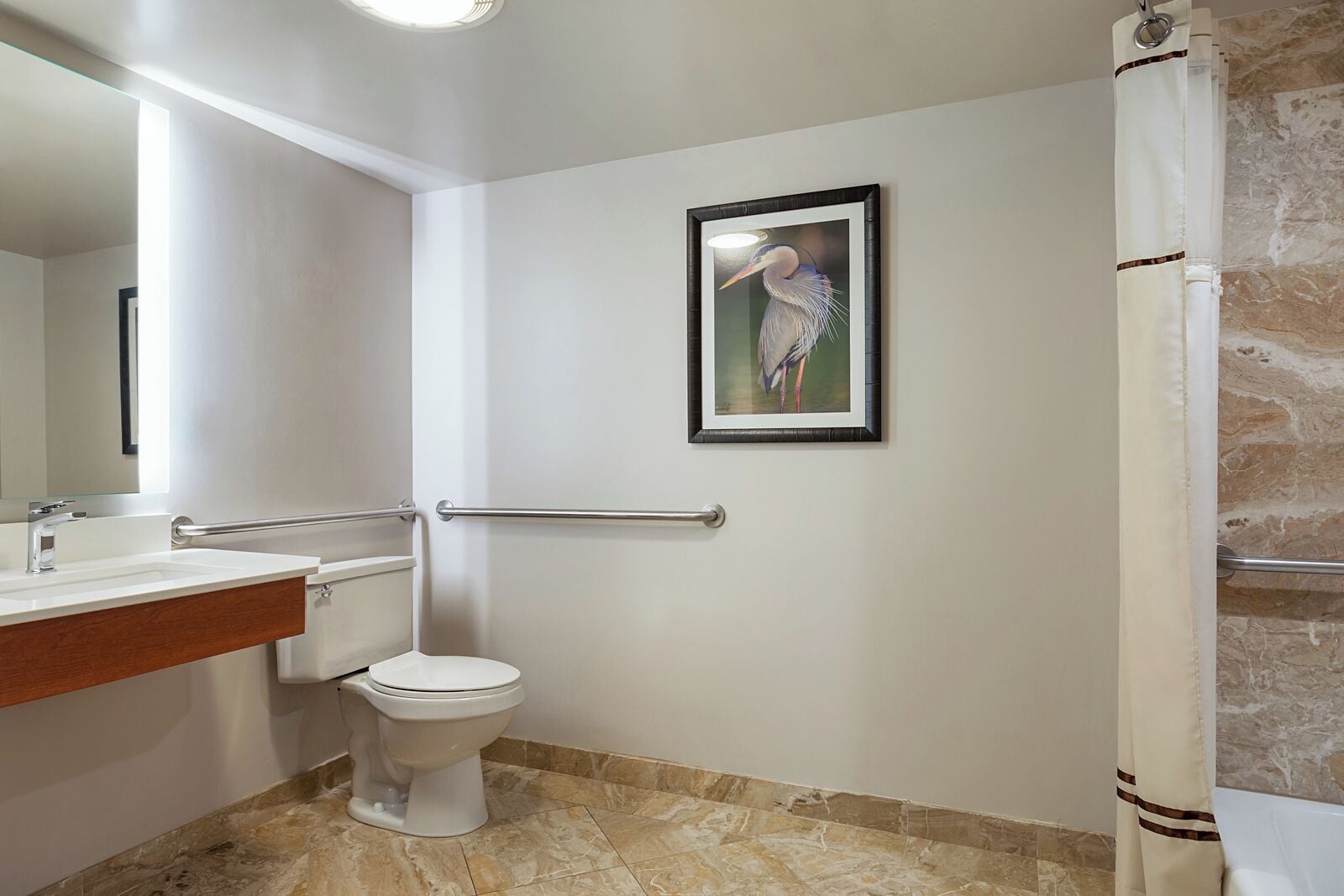 A bathroom with a toilet, sink, and a framed bird painting on the wall.