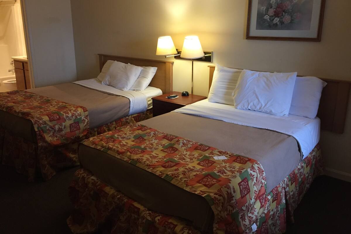 A hotel room with two beds, each with a different patterned bedspread. There are two bedside lamps, a nightstand, and a framed picture on the wall.
