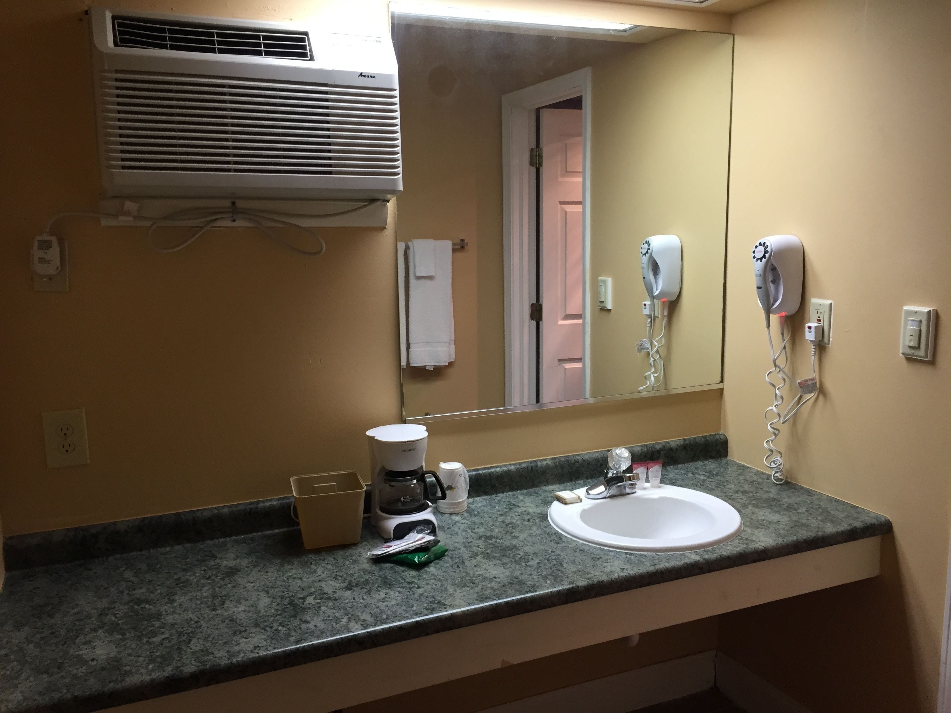 Un baño con lavamanos, espejo, secador de pelo y cafetera sobre el mostrador.