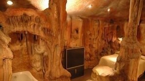 A cave-like room with a bathtub, a bed, and a television. - Wildwood Inn Tropical Dome & Theme Suites (Florence)