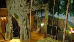 A treehouse bedroom with a bed, hanging chair, and a small staircase. - Wildwood Inn Tropical Dome & Theme Suites (Florence)