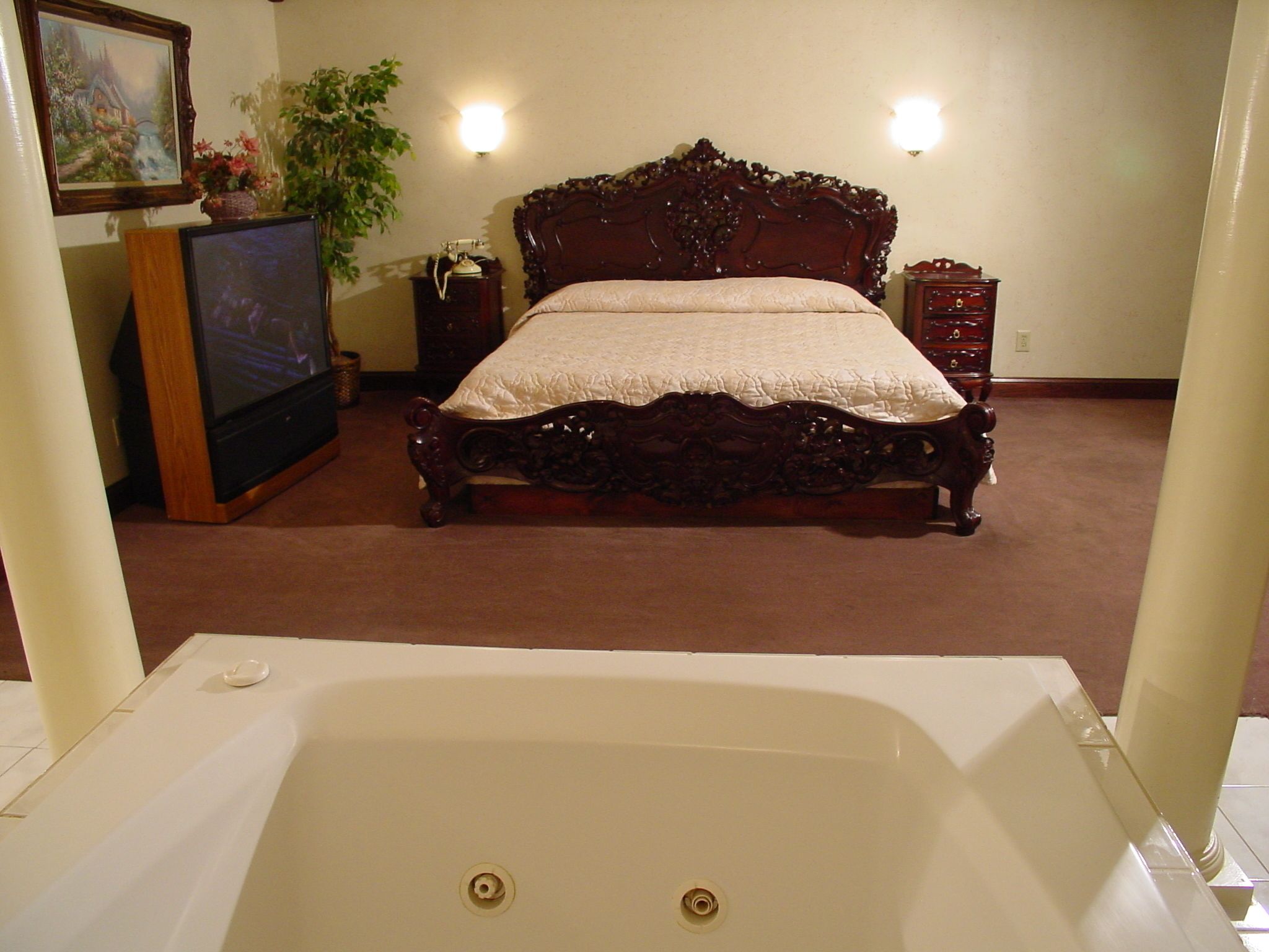 A bedroom with a large bed, a television, a dresser, and a bathtub.