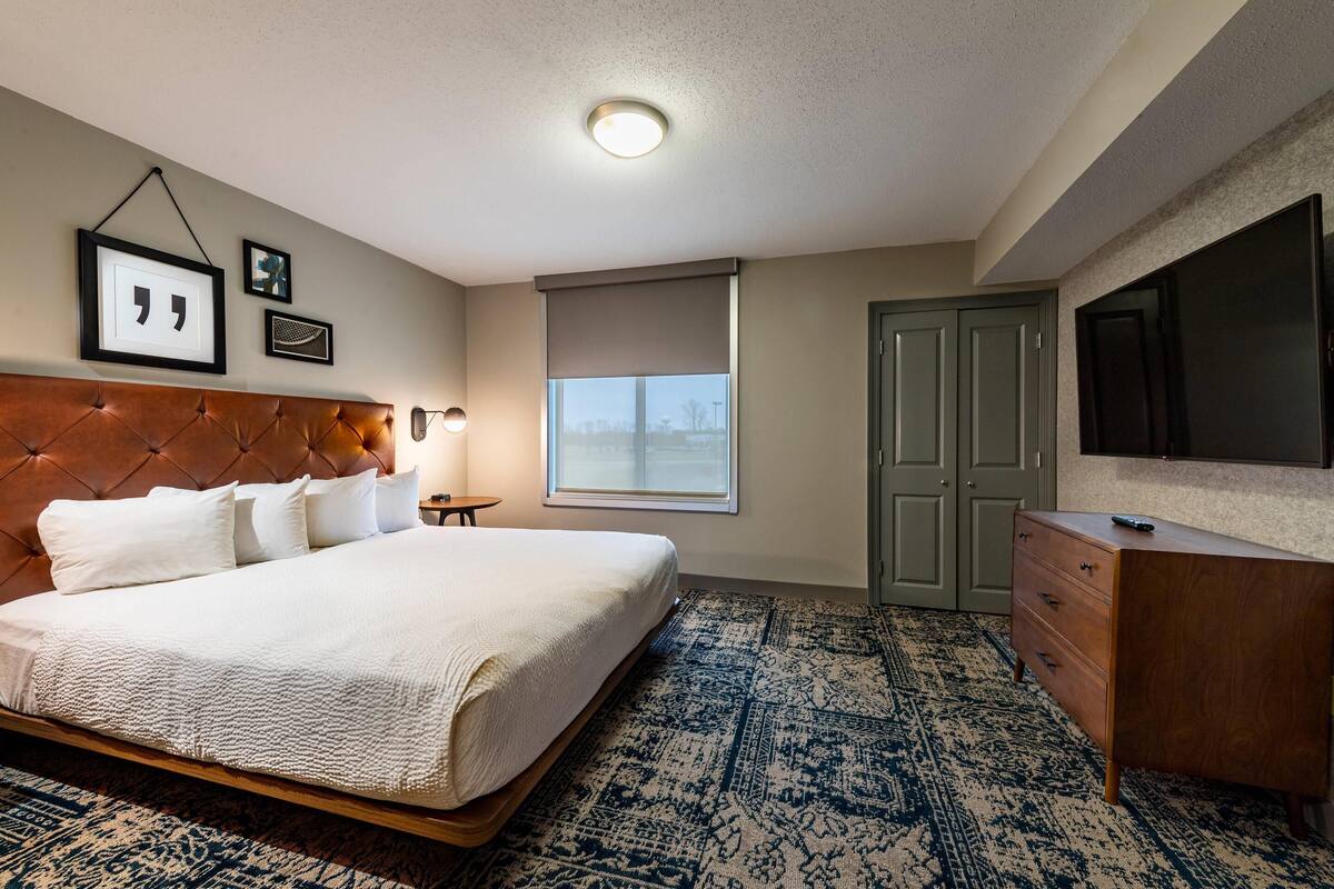 A bedroom with a tufted headboard, a large bed, a bedside table, a dresser, a flat-screen TV, a window with a view, and a patterned rug.