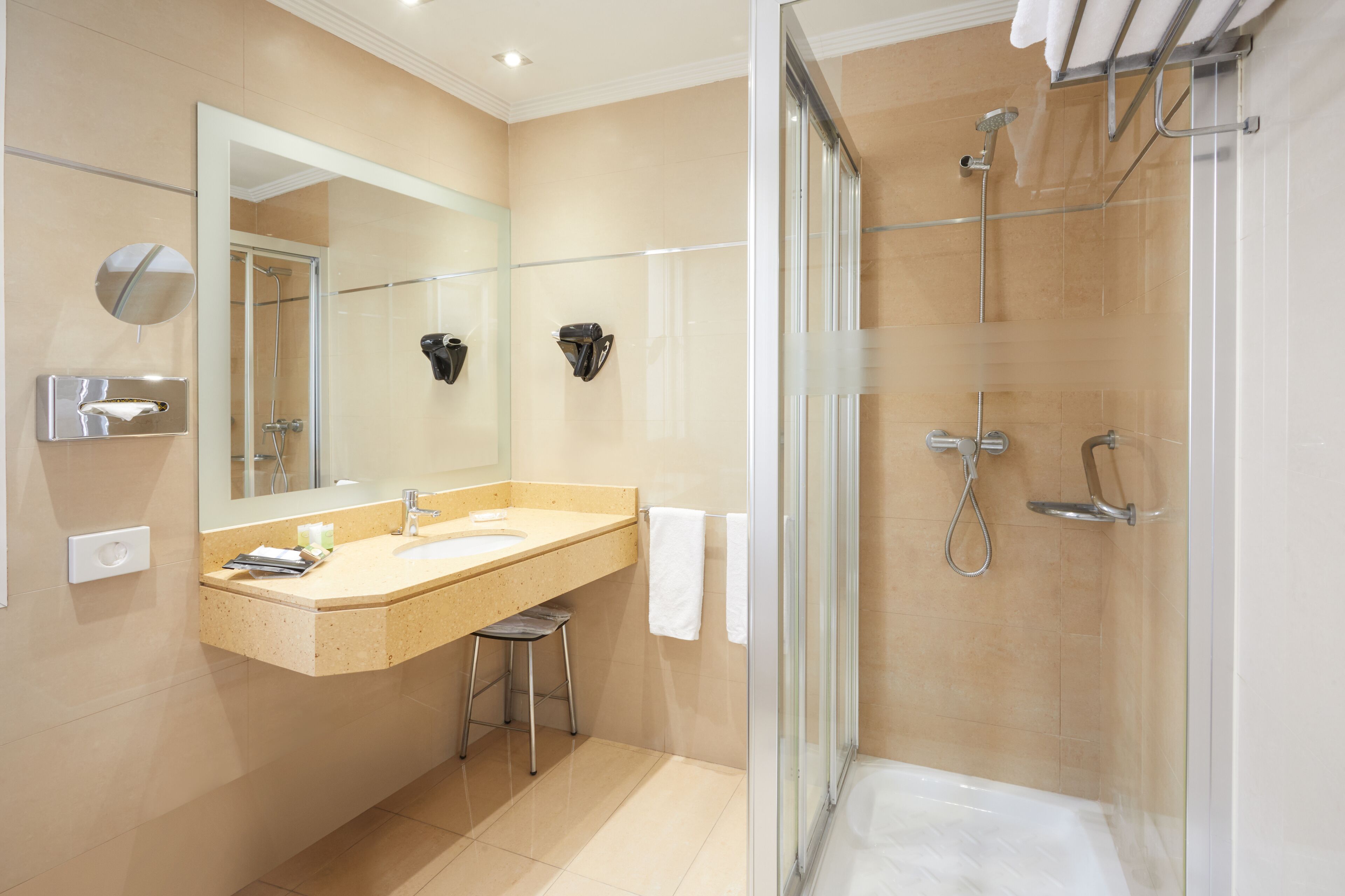 superior twin room | bathroom | shower, free toiletries, hair dryer, towels