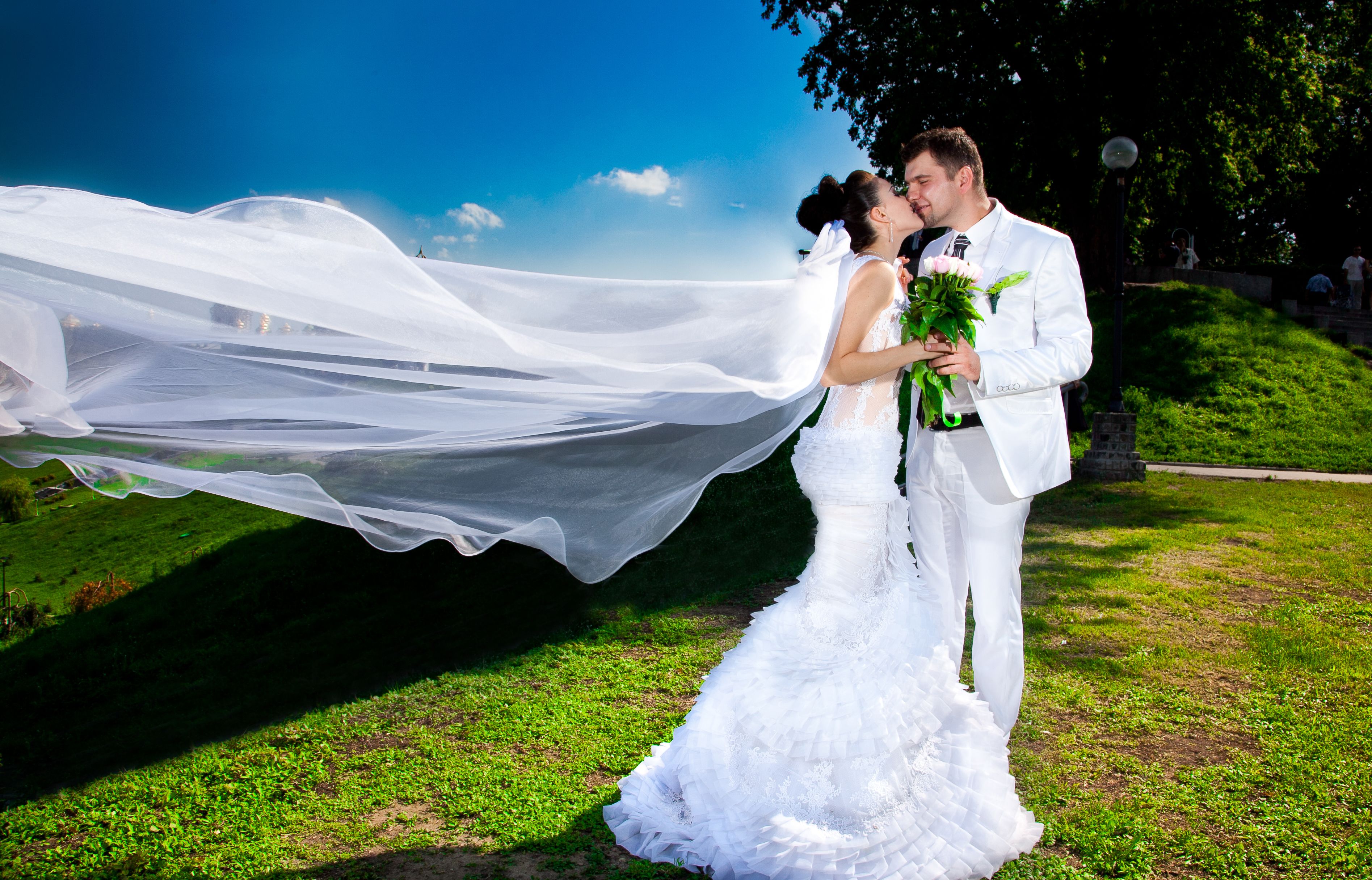 Escena de boda con una novia y un novio en un entorno al aire libre con césped.