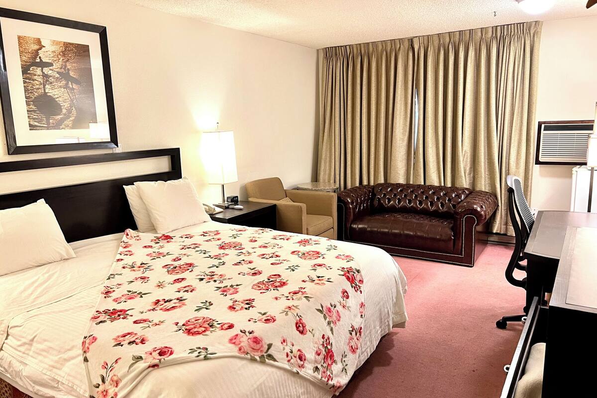 A hotel room with a bed, a desk, a chair, a sofa, a lamp, and a window with curtains.