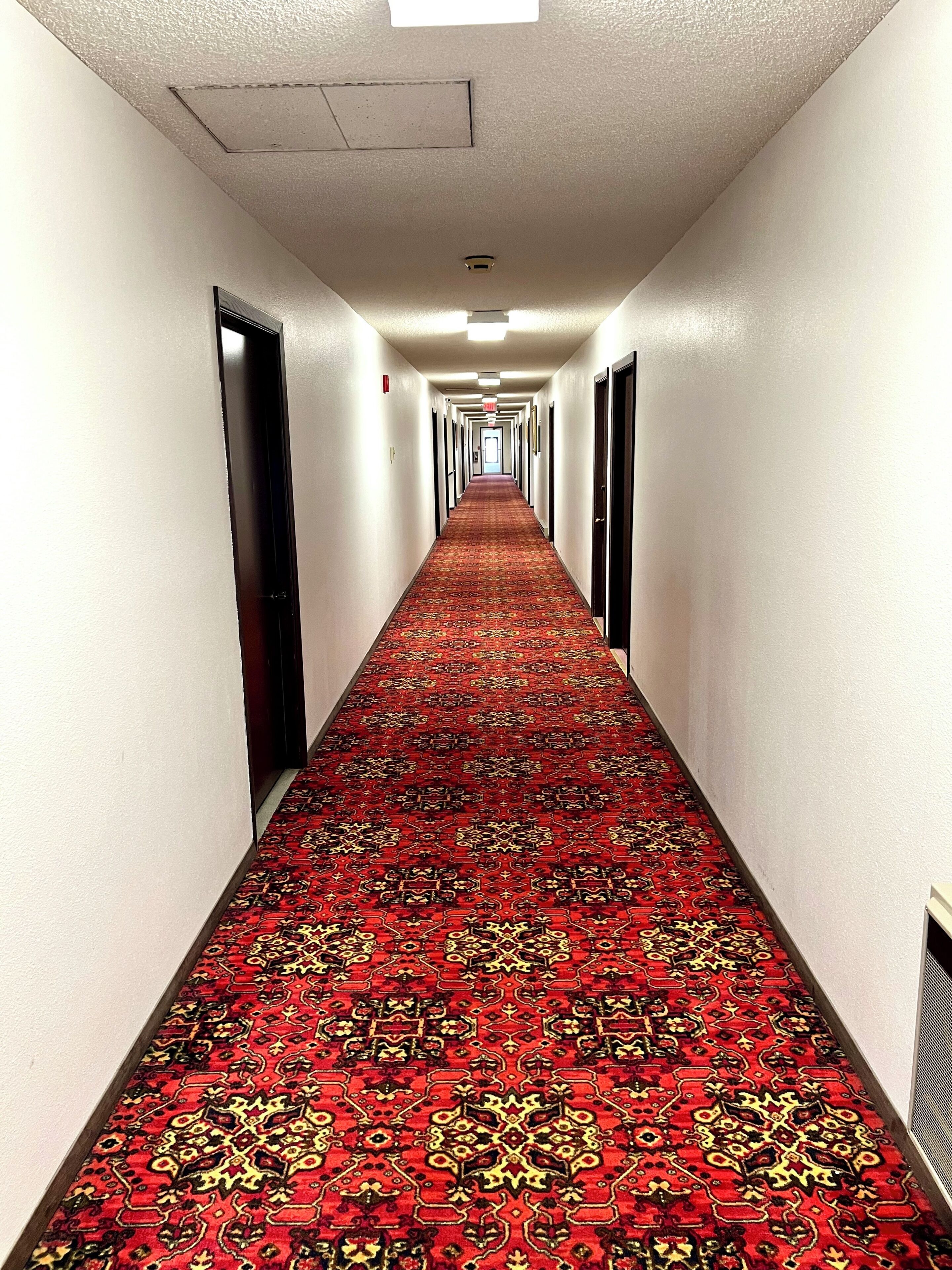 A long, narrow hallway with a patterned carpet, white walls, and doors on both sides.