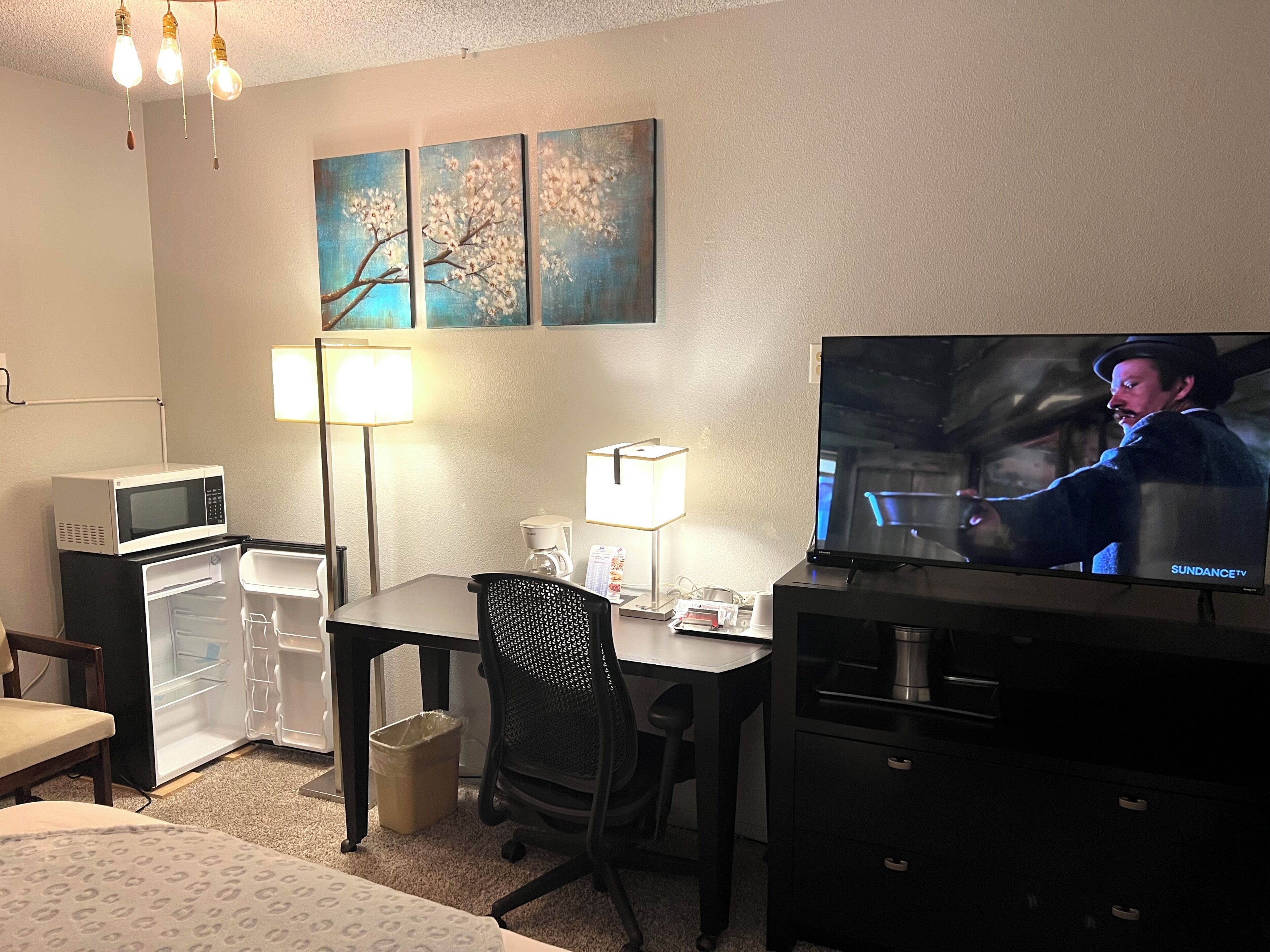 Une chambre d’hôtel comprenant un lit, un bureau avec une chaise, une télévision, un four à micro-ondes, un réfrigérateur, une poubelle et des œuvres d’art accrochées au mur.