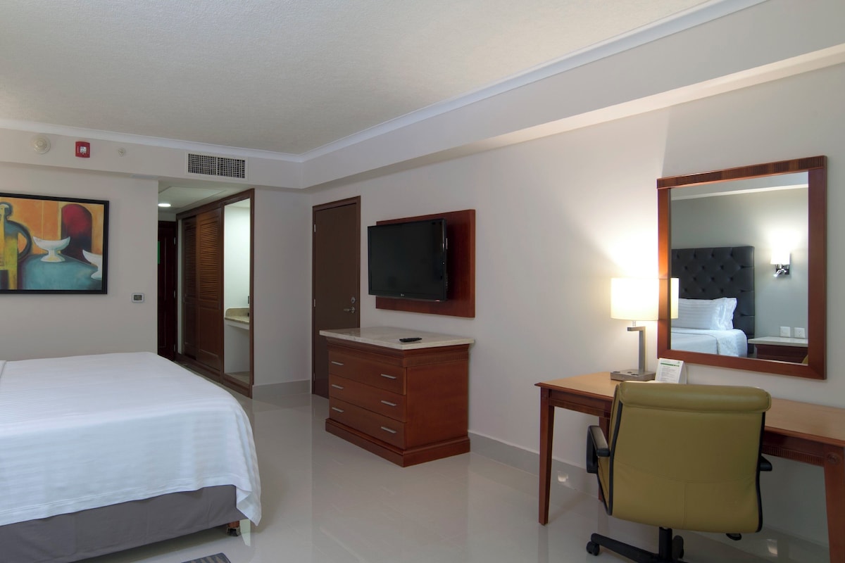 Habitació d'hotel amb un llit, escriptori amb cadira, televisió, mirall i un quadre a la paret.
