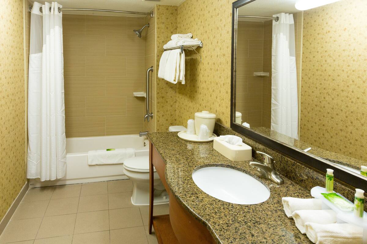 Une salle de bain avec un lavabo, des toilettes et une baignoire.