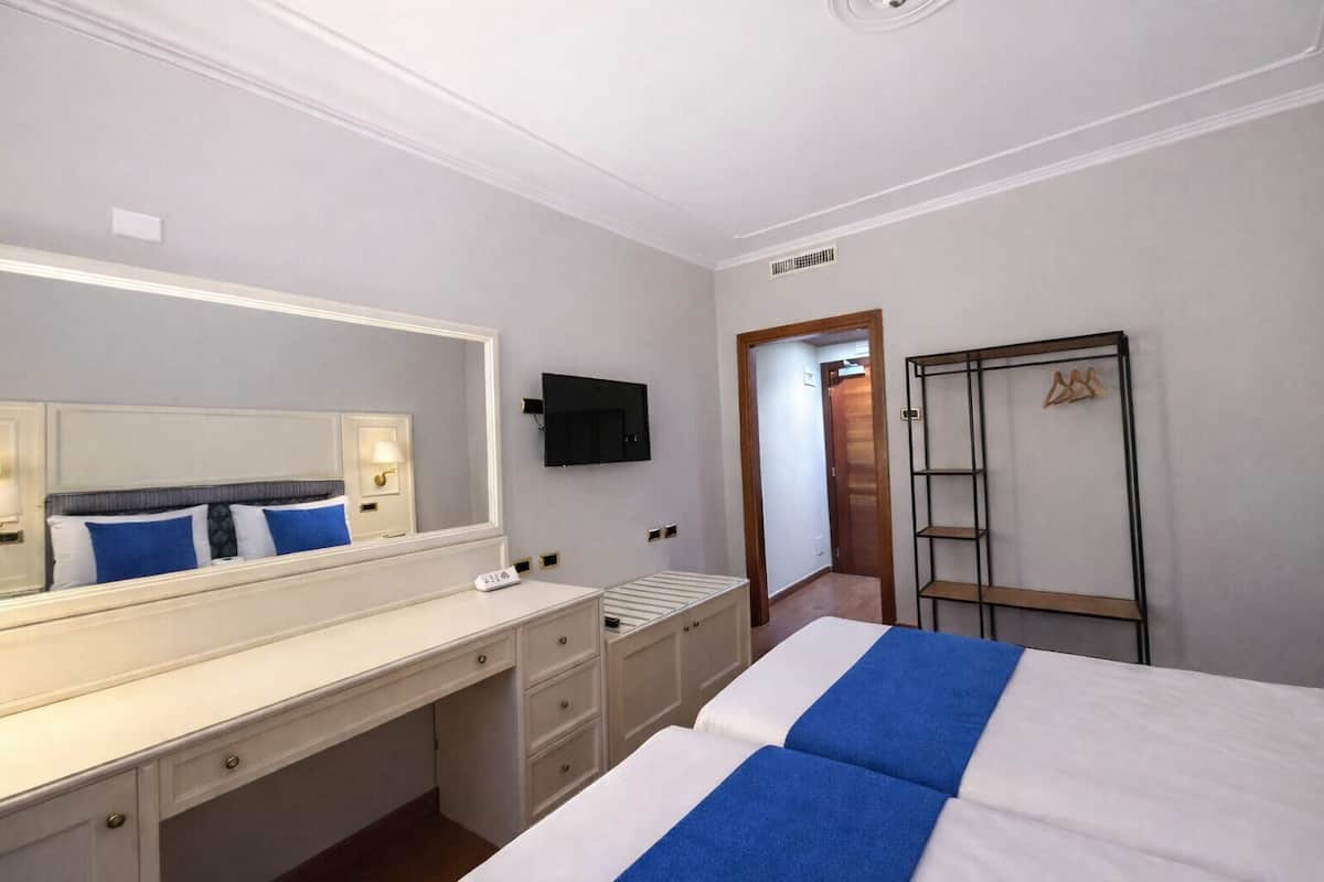 A hotel room with a bed, a desk, a mirror, a TV, and a wardrobe.